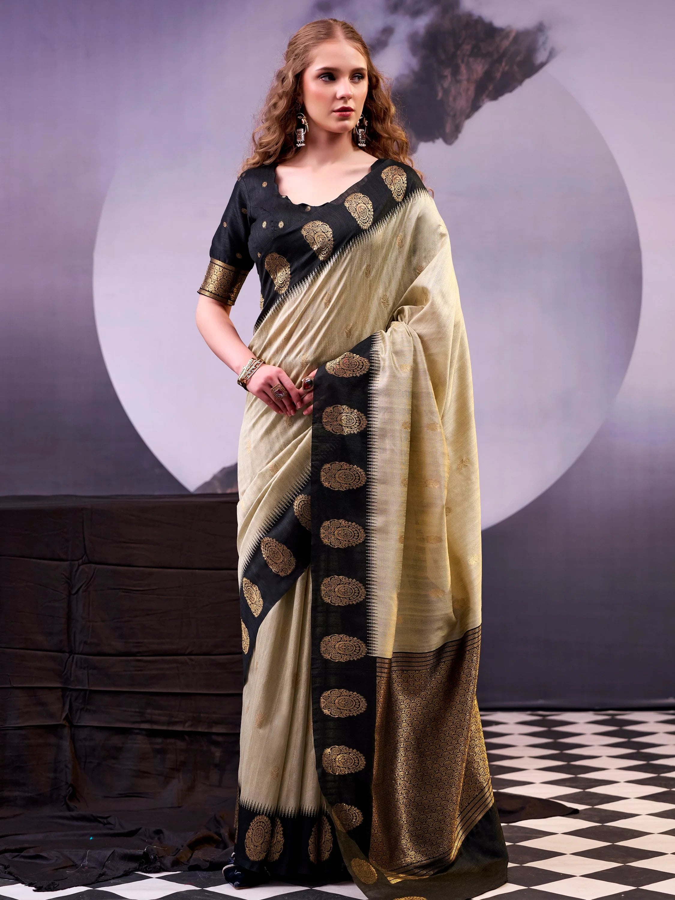Fabulous Beige Zari Weaving Cotton Function Wear Saree With Blouse