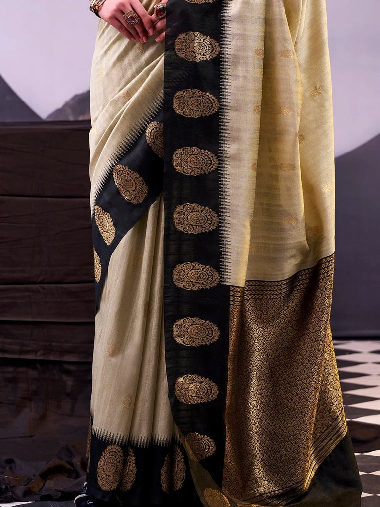 Fabulous Beige Zari Weaving Cotton Function Wear Saree With Blouse