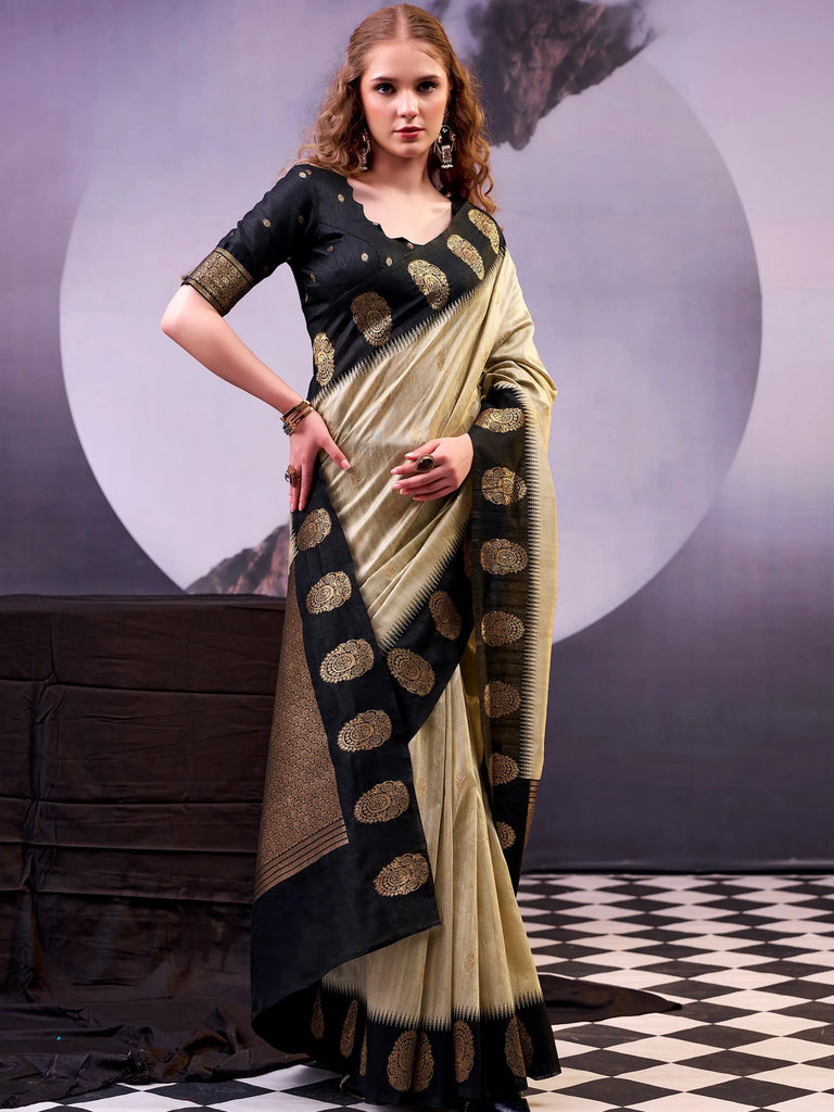 Fabulous Beige Zari Weaving Cotton Function Wear Saree With Blouse