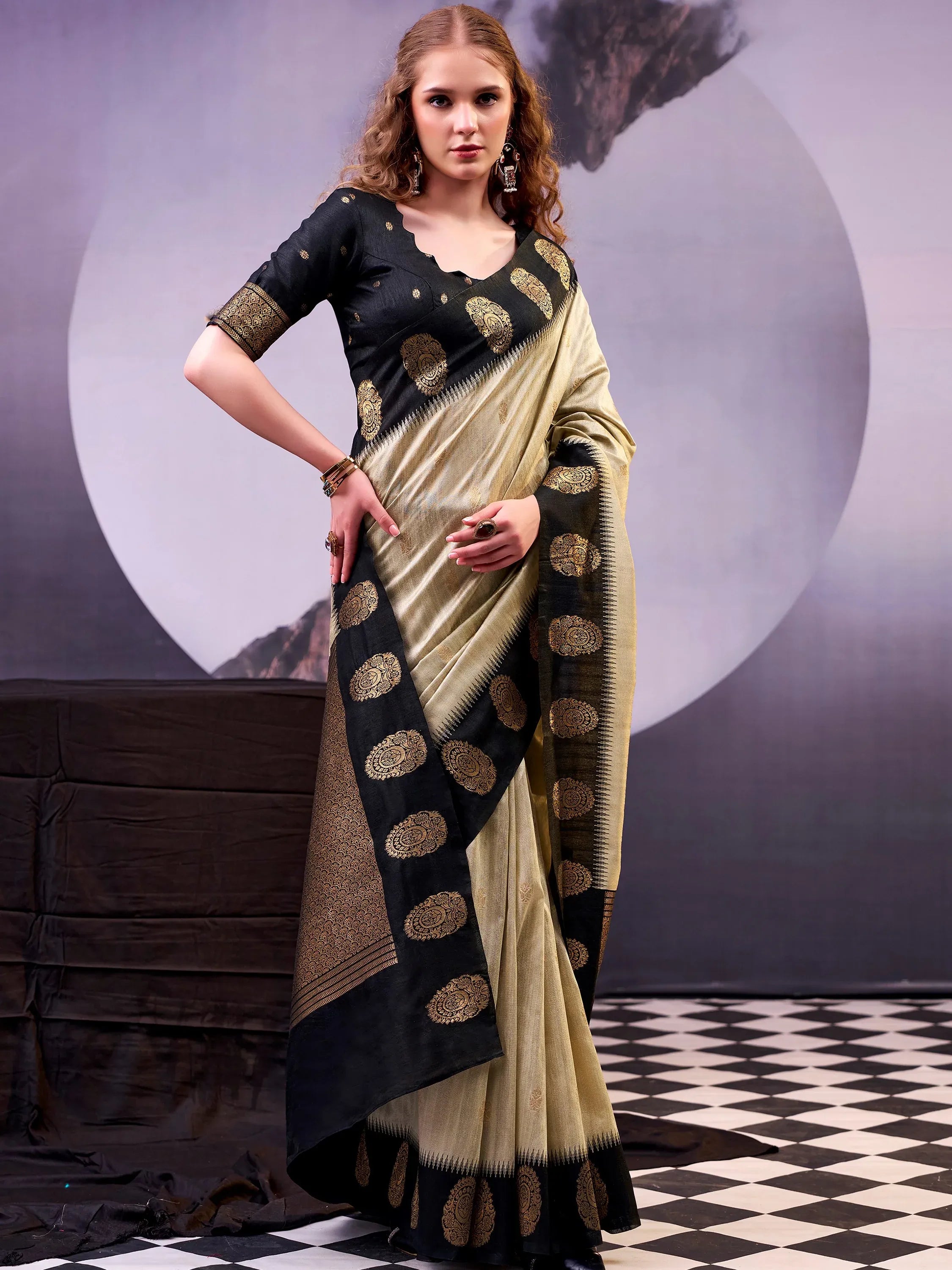 Fabulous Beige Zari Weaving Cotton Function Wear Saree With Blouse