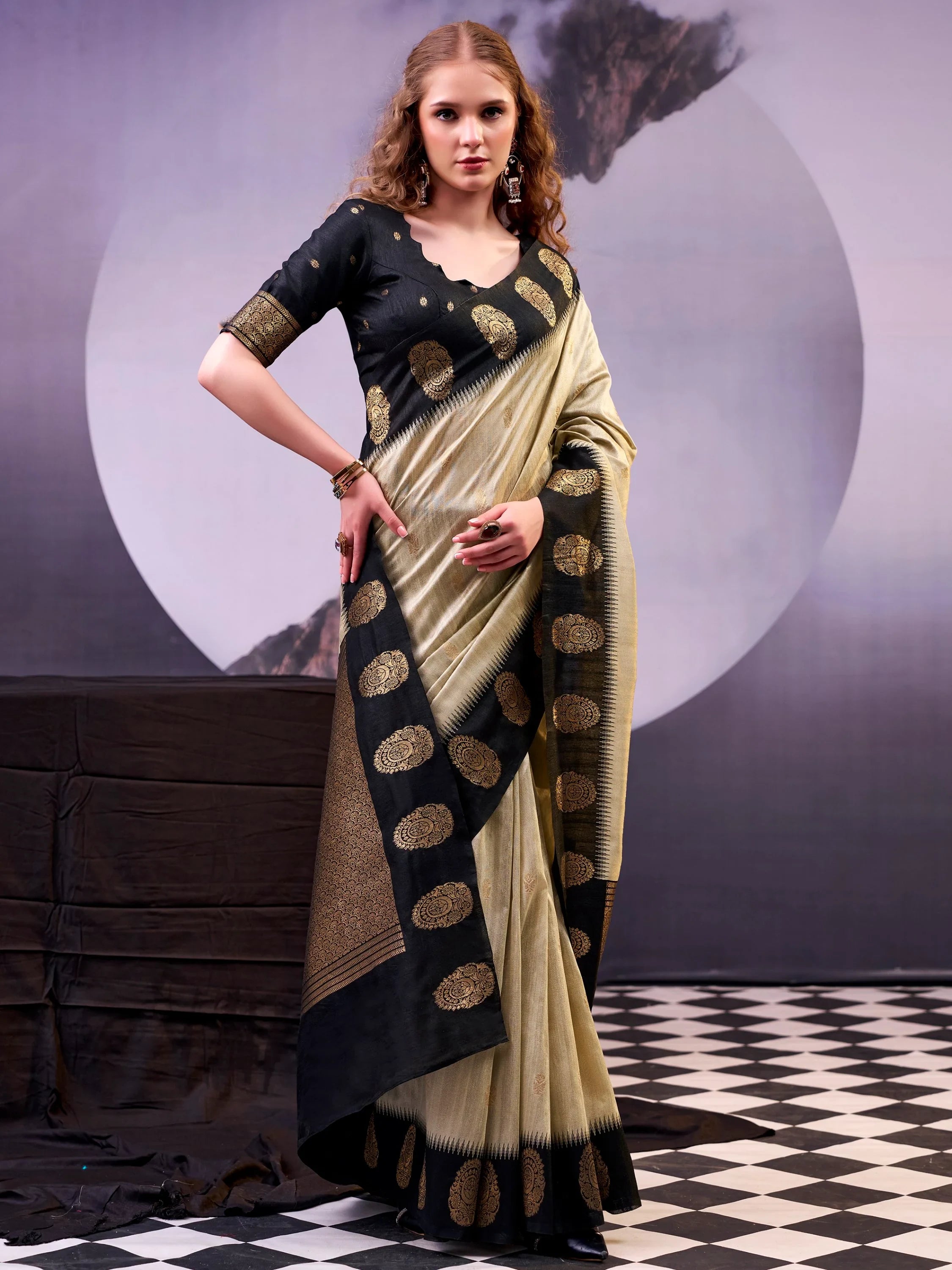 Fabulous Beige Zari Weaving Cotton Function Wear Saree With Blouse