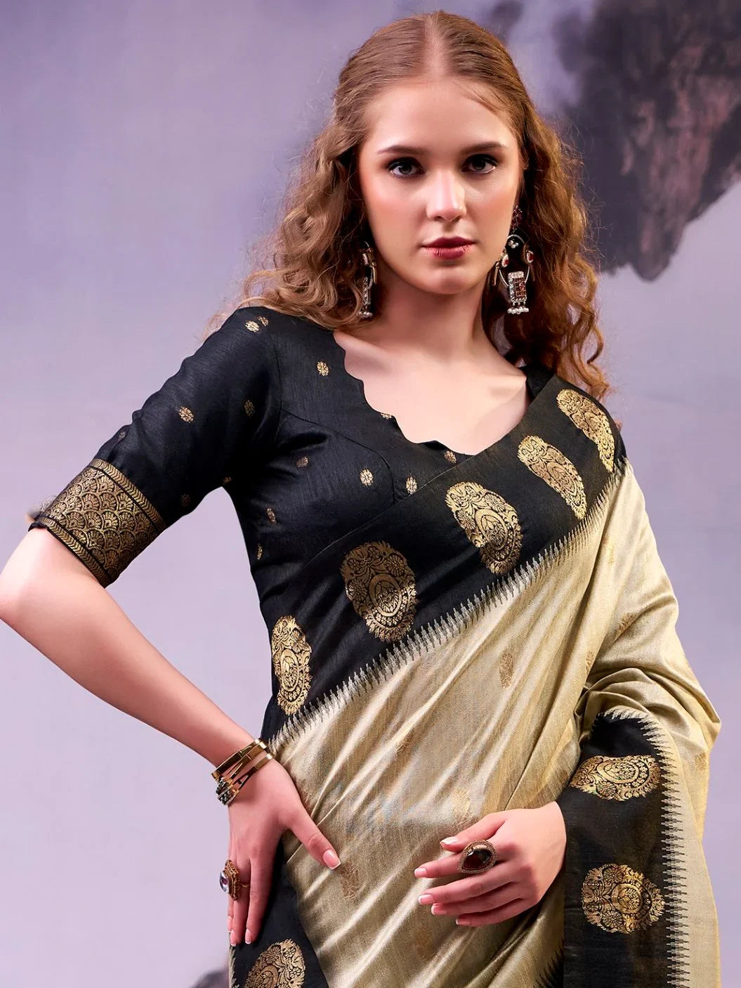 Fabulous Beige Zari Weaving Cotton Function Wear Saree With Blouse