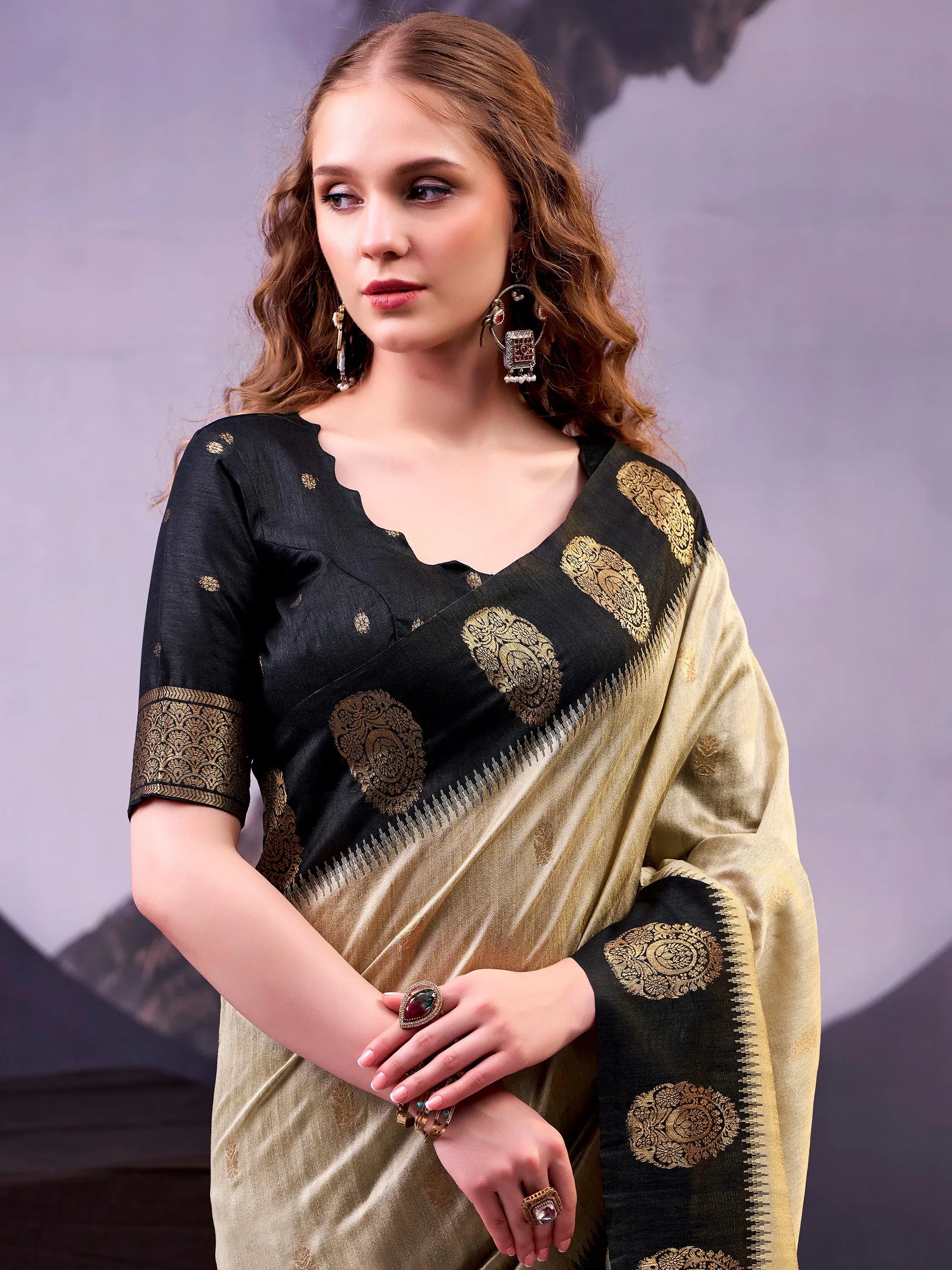 Fabulous Beige Zari Weaving Cotton Function Wear Saree With Blouse