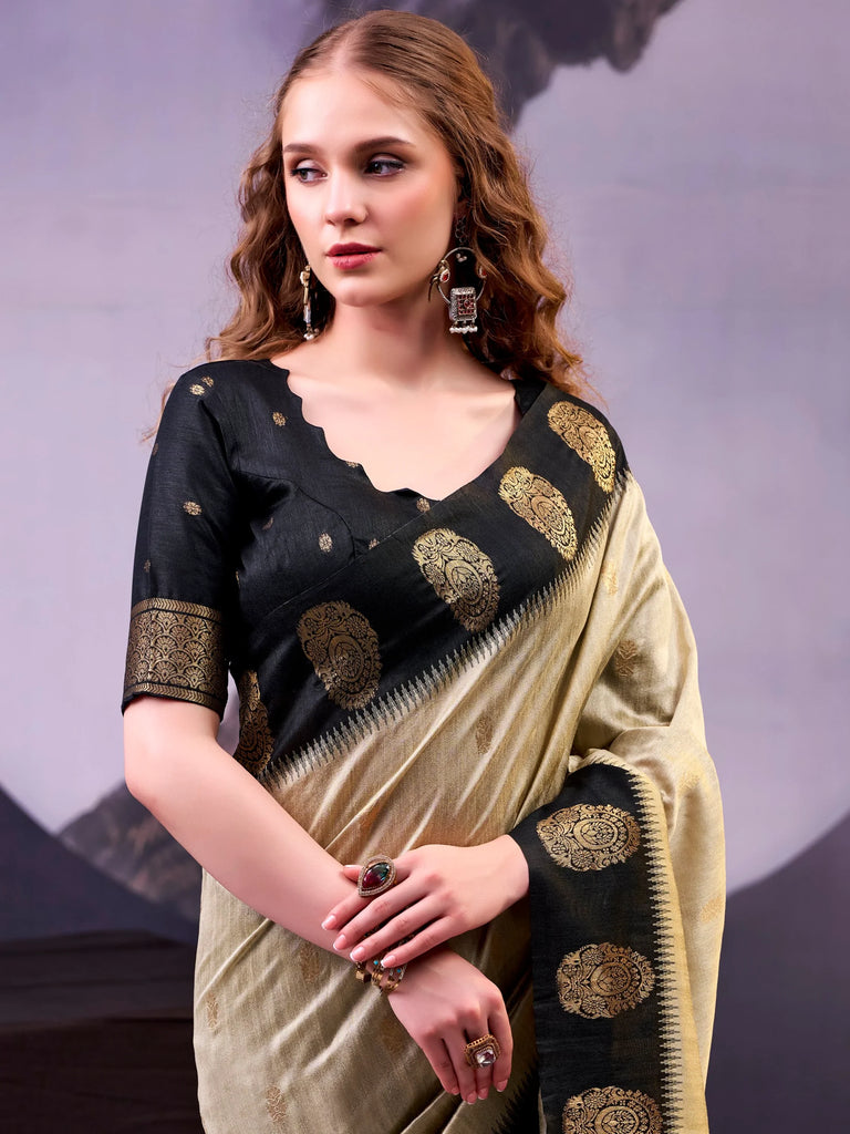Fabulous Beige Zari Weaving Cotton Function Wear Saree With Blouse