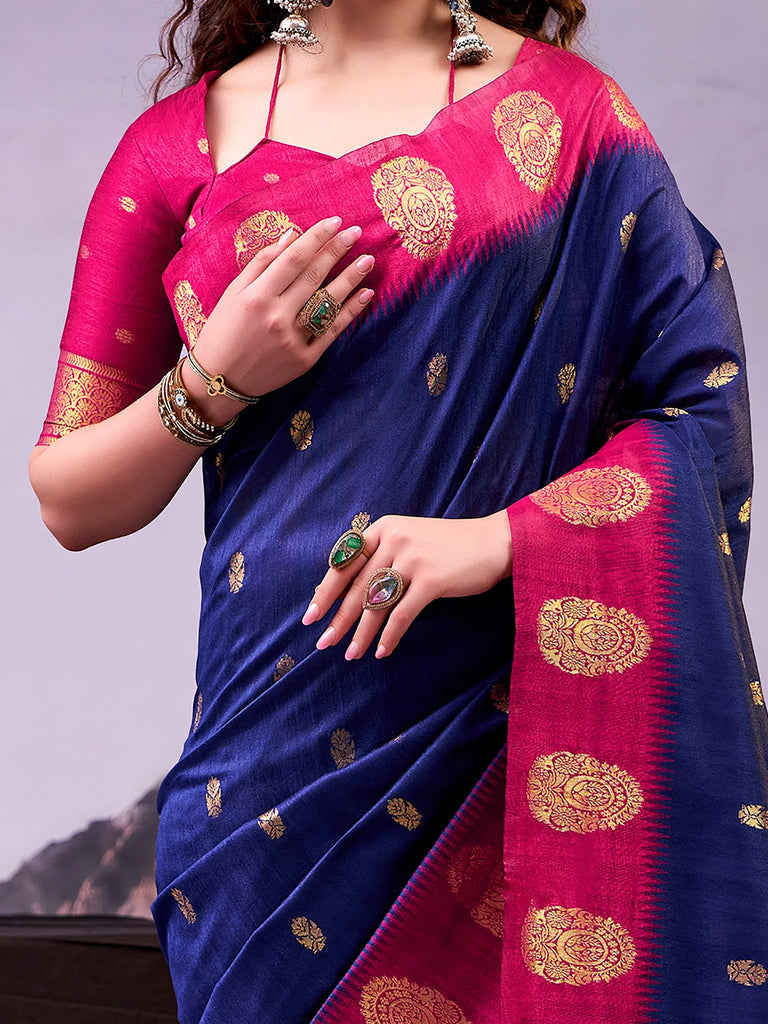 Awesome Navy Blue Zari Weaving Cotton Marriage Wear Saree With Blouse