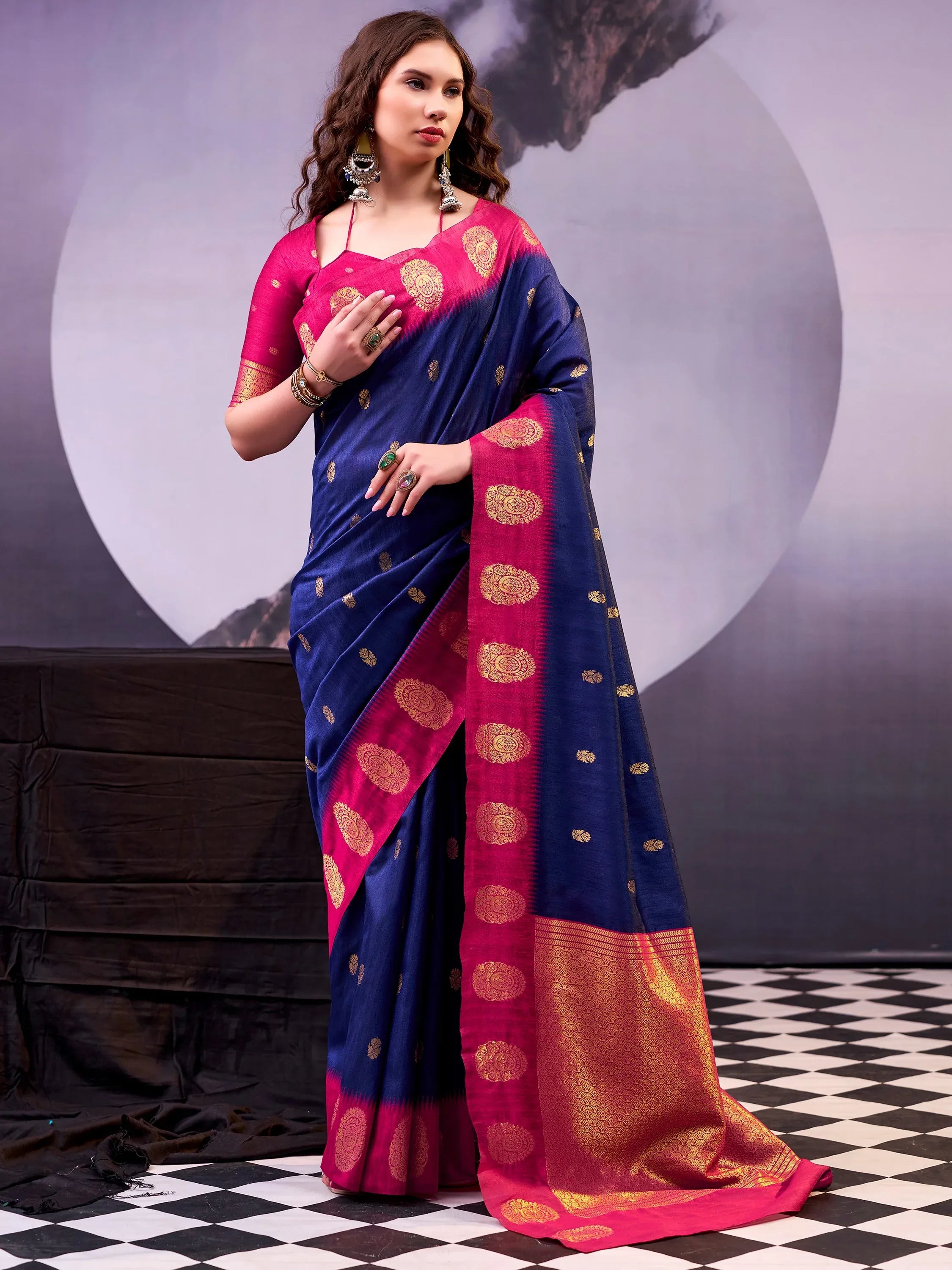 Awesome Navy Blue Zari Weaving Cotton Marriage Wear Saree With Blouse