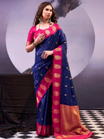 Awesome Navy Blue Zari Weaving Cotton Marriage Wear Saree With Blouse