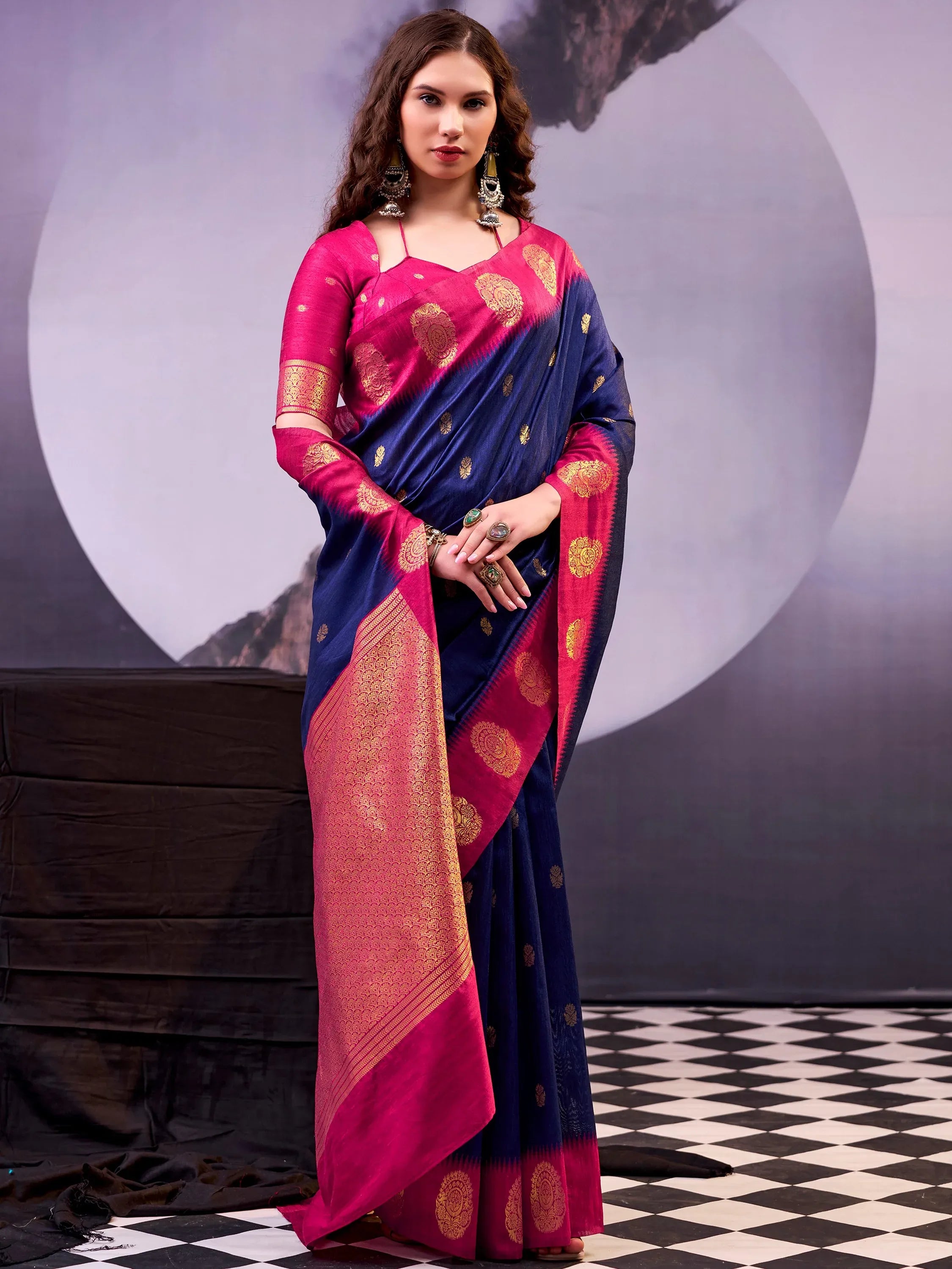 Awesome Navy Blue Zari Weaving Cotton Marriage Wear Saree With Blouse