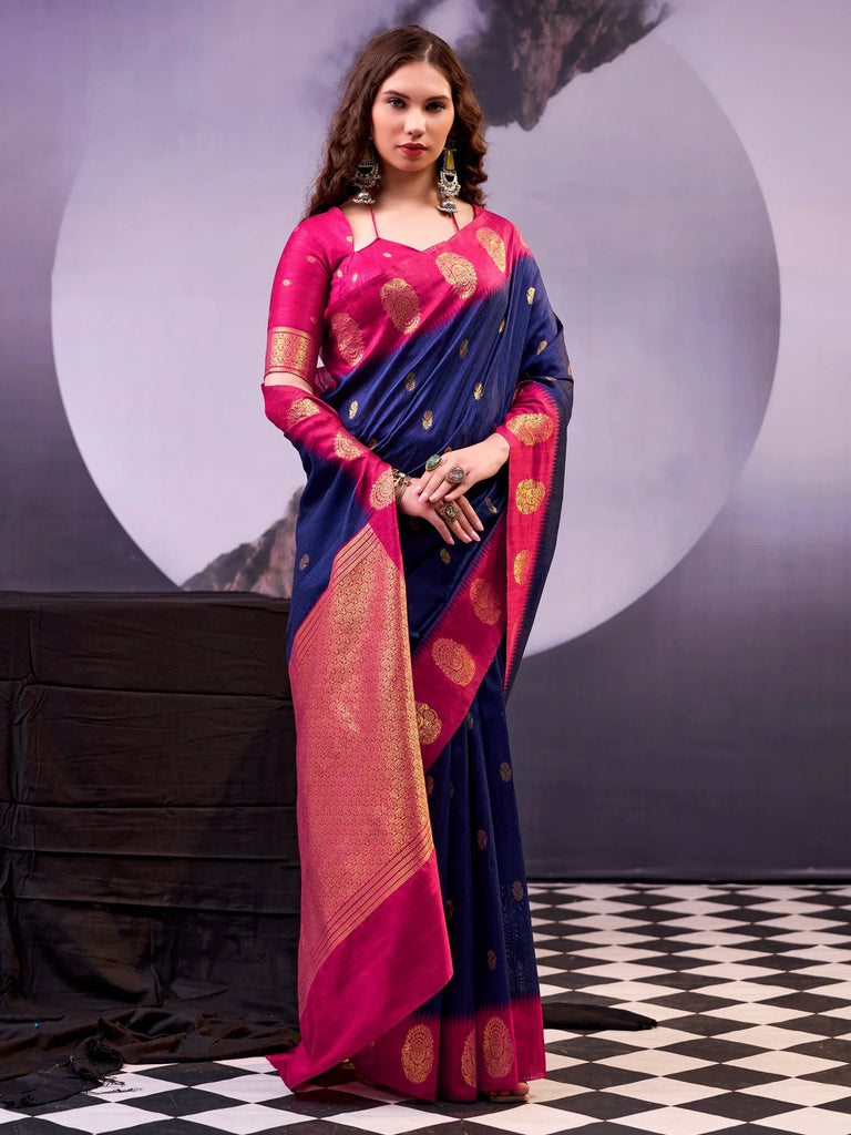 Awesome Navy Blue Zari Weaving Cotton Marriage Wear Saree With Blouse