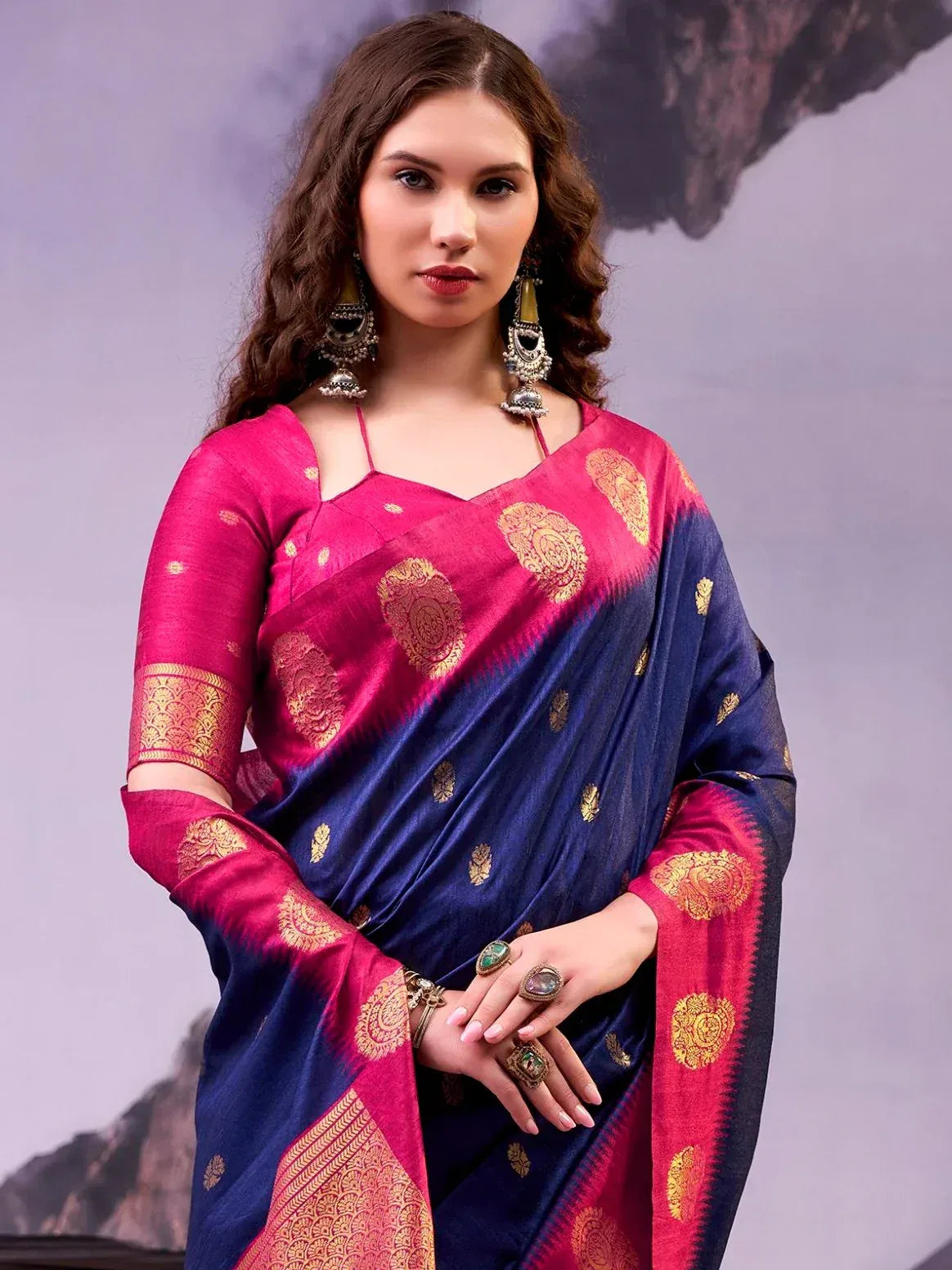 Awesome Navy Blue Zari Weaving Cotton Marriage Wear Saree With Blouse