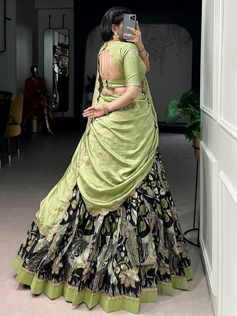 Alluring Black Kalamkari Printed Silk Festive Wear Half Saree Lehenga