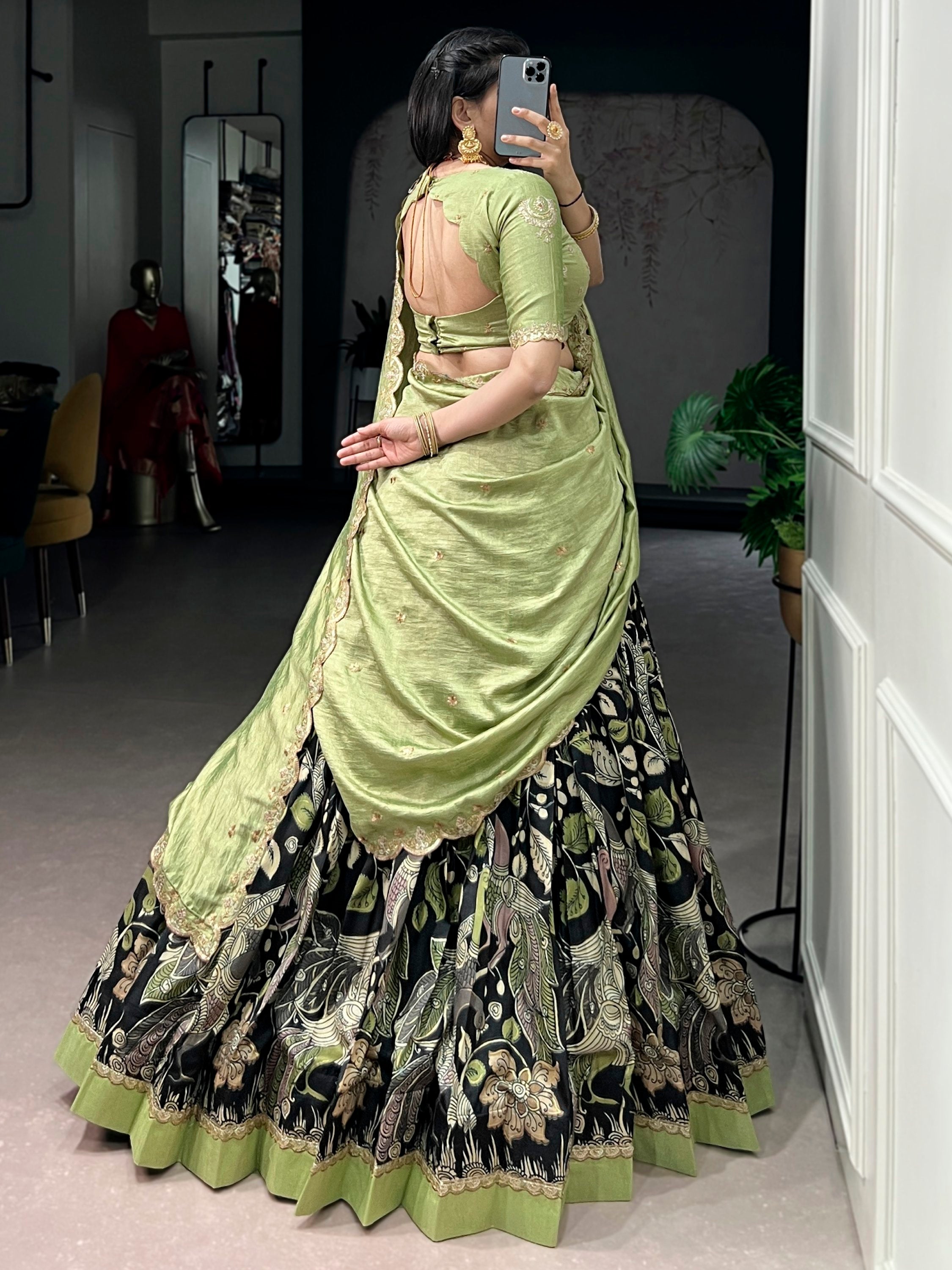 Alluring Black Kalamkari Printed Silk Festive Wear Half Saree Lehenga