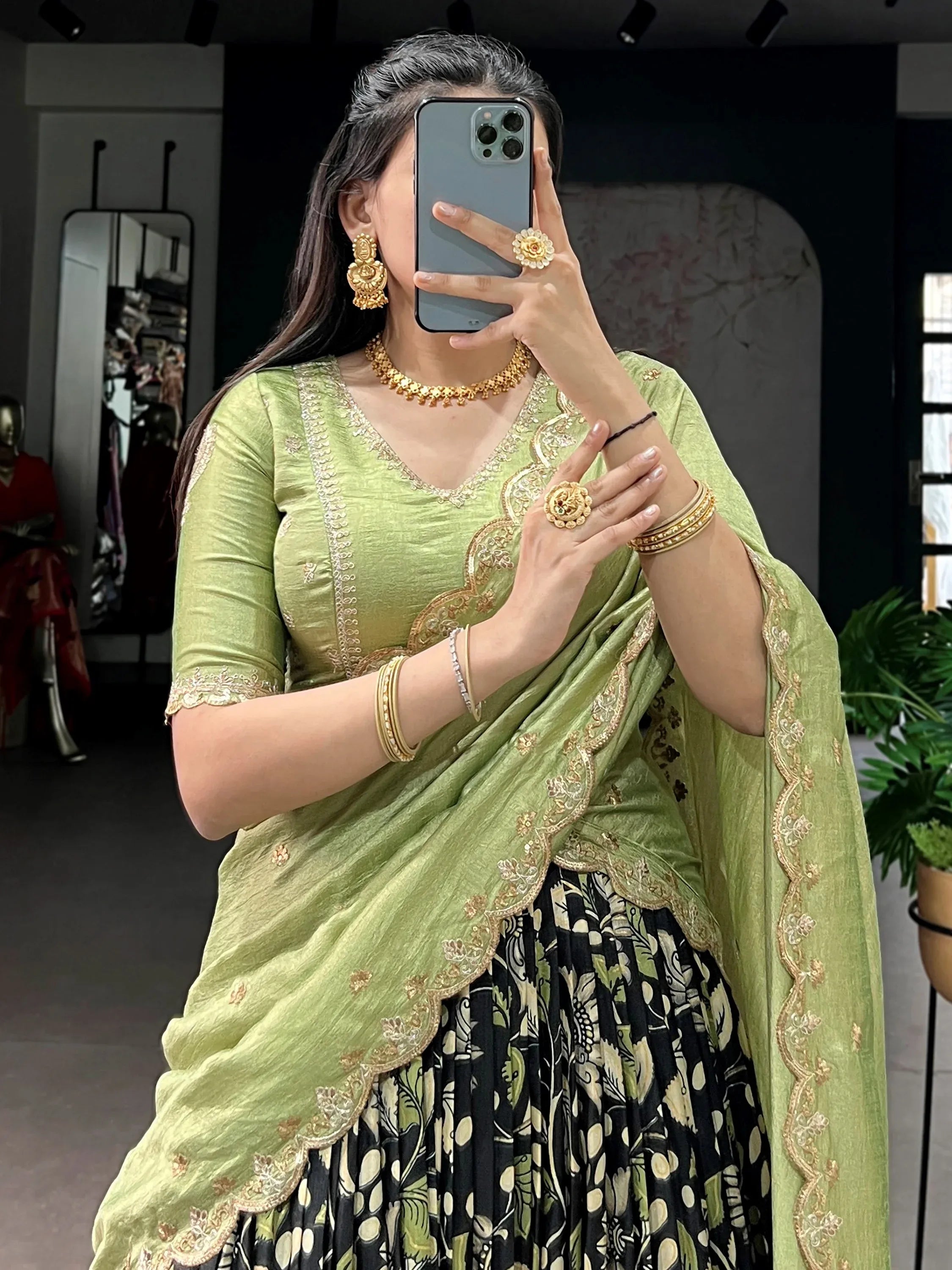 Alluring Black Kalamkari Printed Silk Festive Wear Half Saree Lehenga