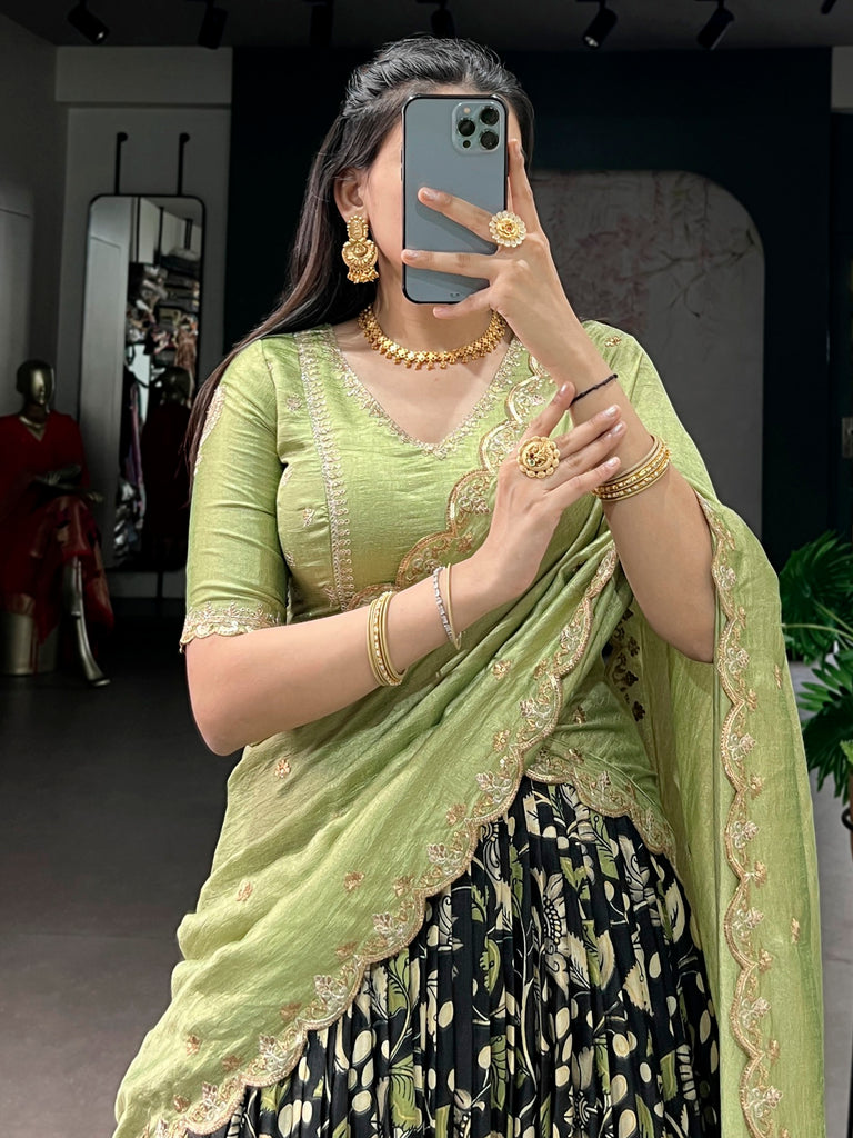 Alluring Black Kalamkari Printed Silk Festive Wear Half Saree Lehenga