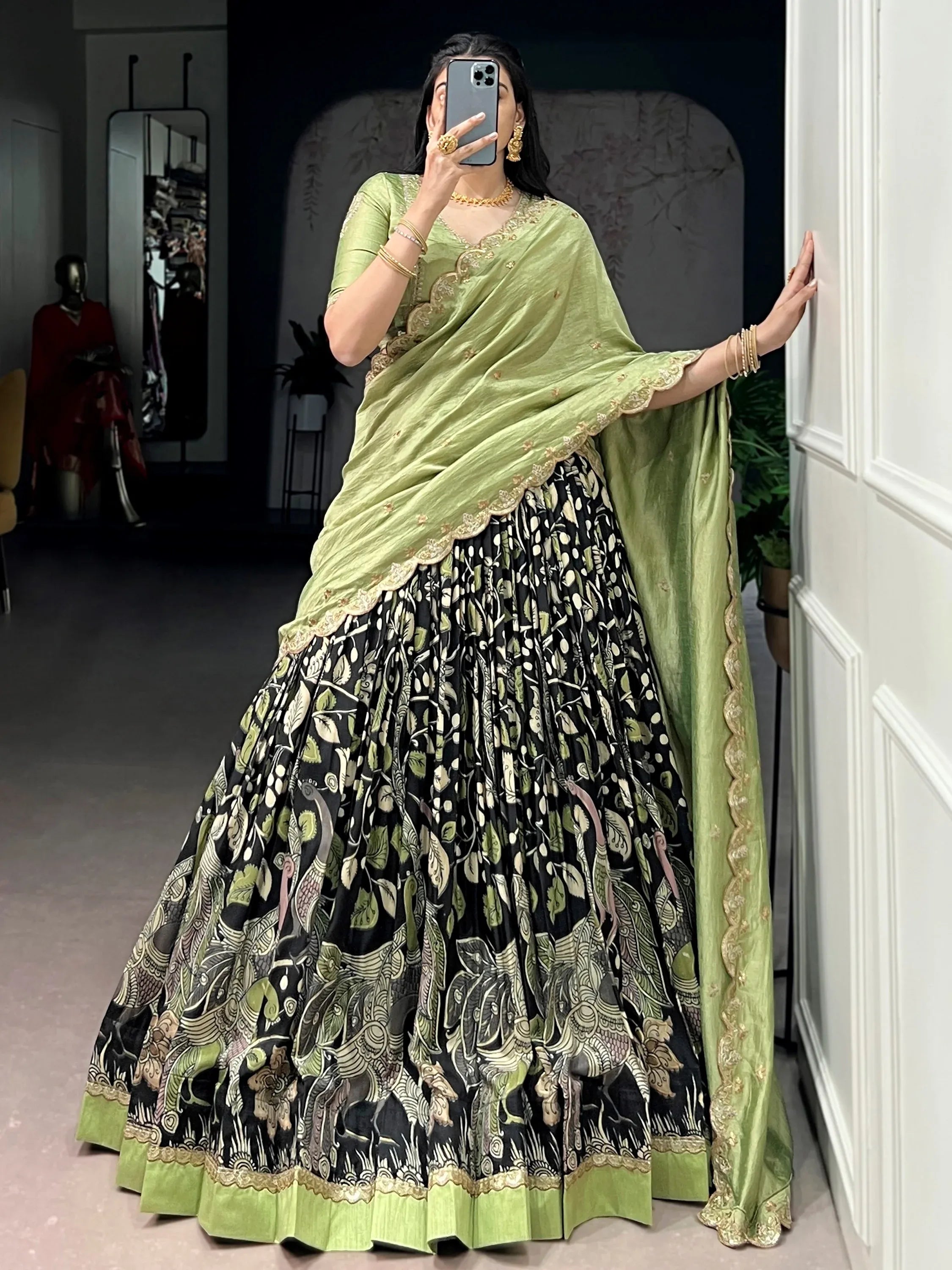 Alluring Black Kalamkari Printed Silk Festive Wear Half Saree Lehenga