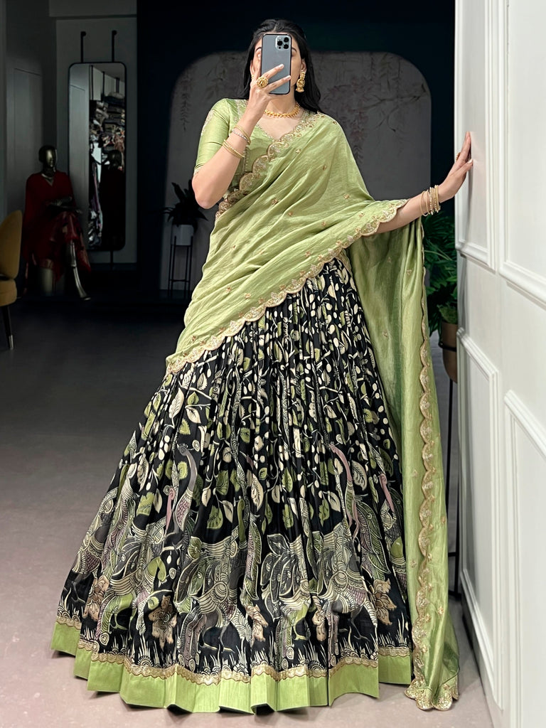 Alluring Black Kalamkari Printed Silk Festive Wear Half Saree Lehenga