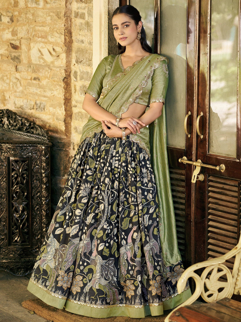 Glamorous Black Kalamkari Print Silk Festive Wear Half Saree Lehenga
