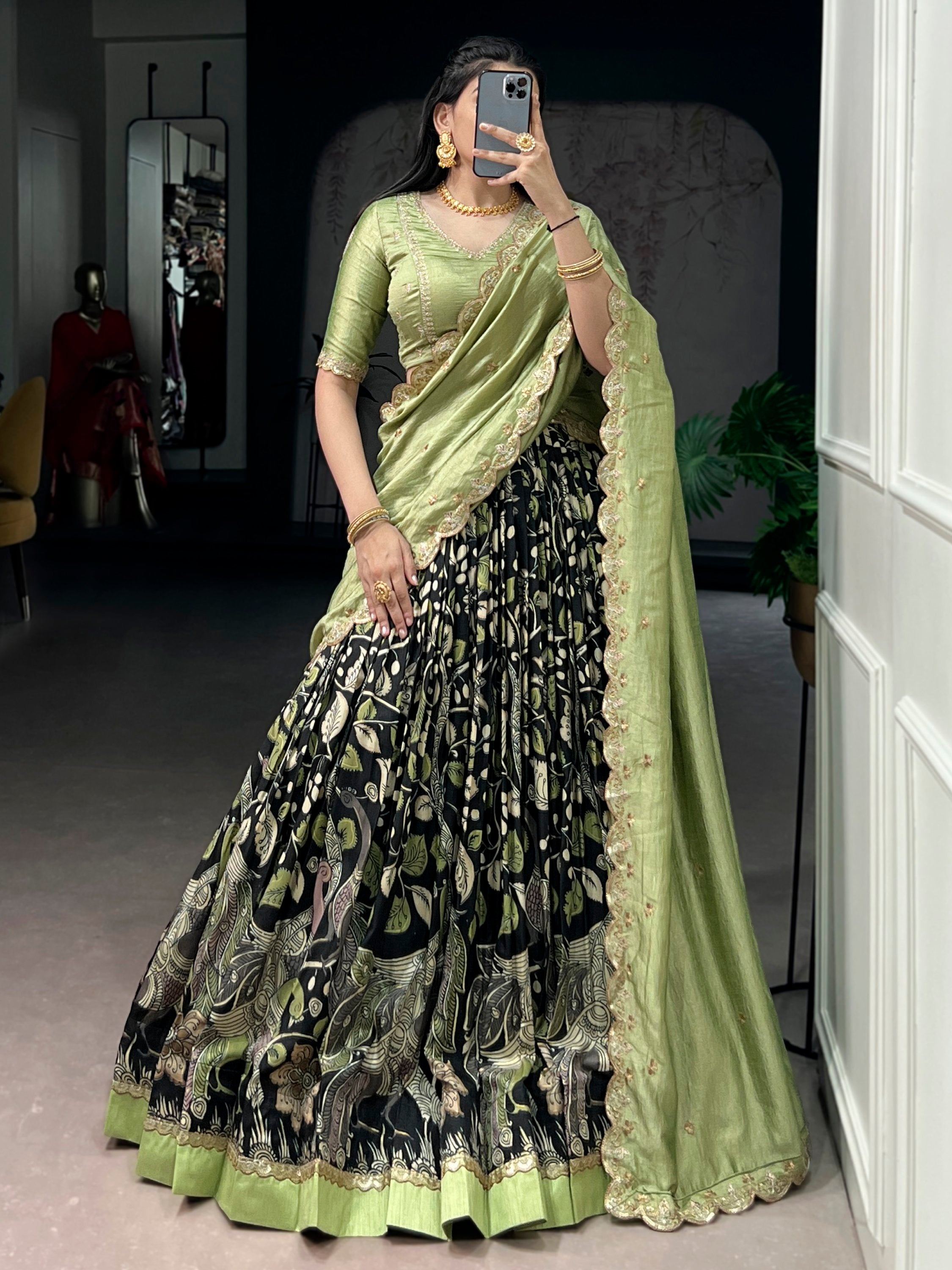 Alluring Black Kalamkari Printed Silk Festive Wear Half Saree Lehenga
