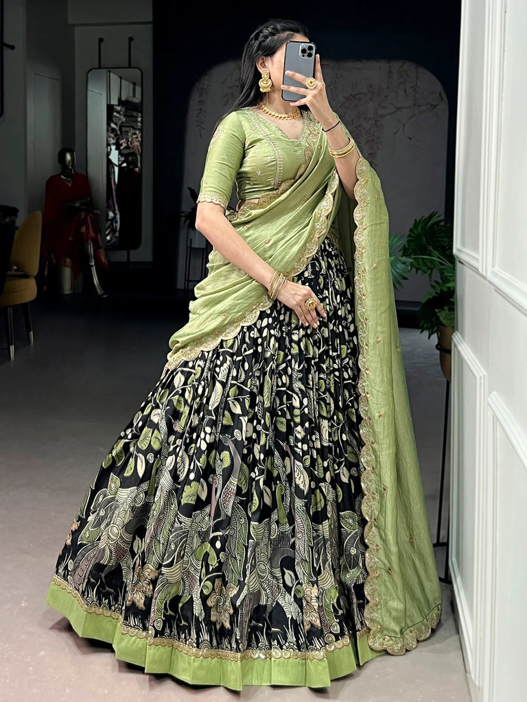 Alluring Black Kalamkari Printed Silk Festive Wear Half Saree Lehenga