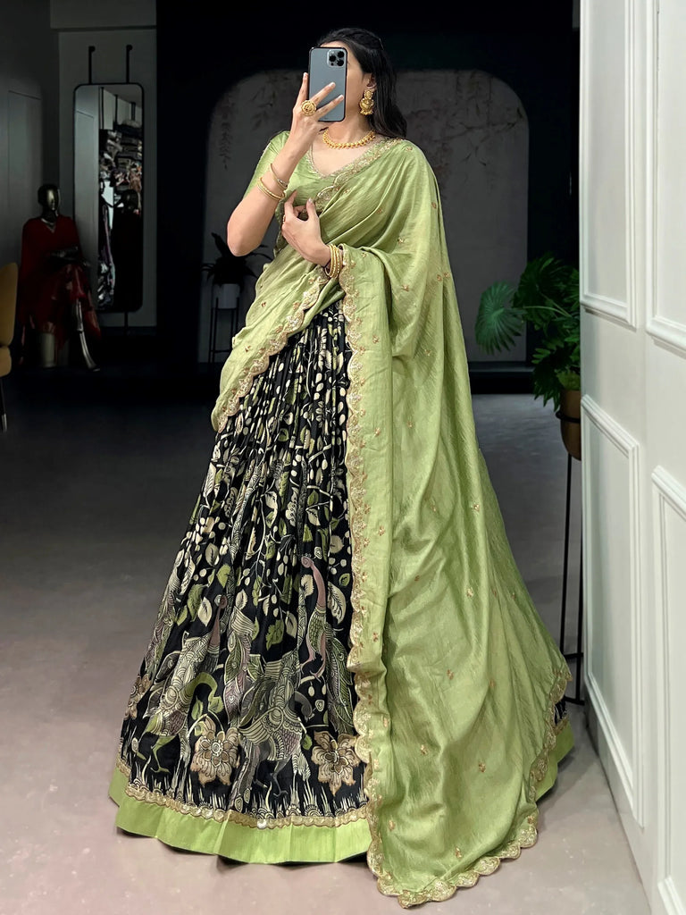 Alluring Black Kalamkari Printed Silk Festive Wear Half Saree Lehenga