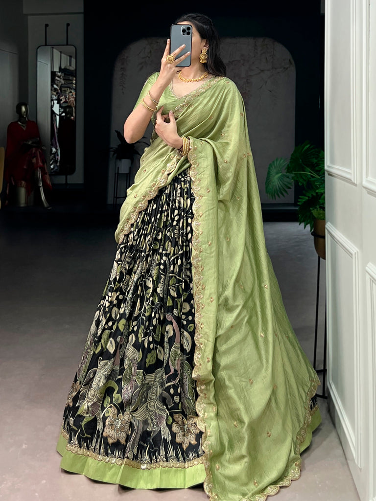 Alluring Black Kalamkari Printed Silk Festive Wear Half Saree Lehenga