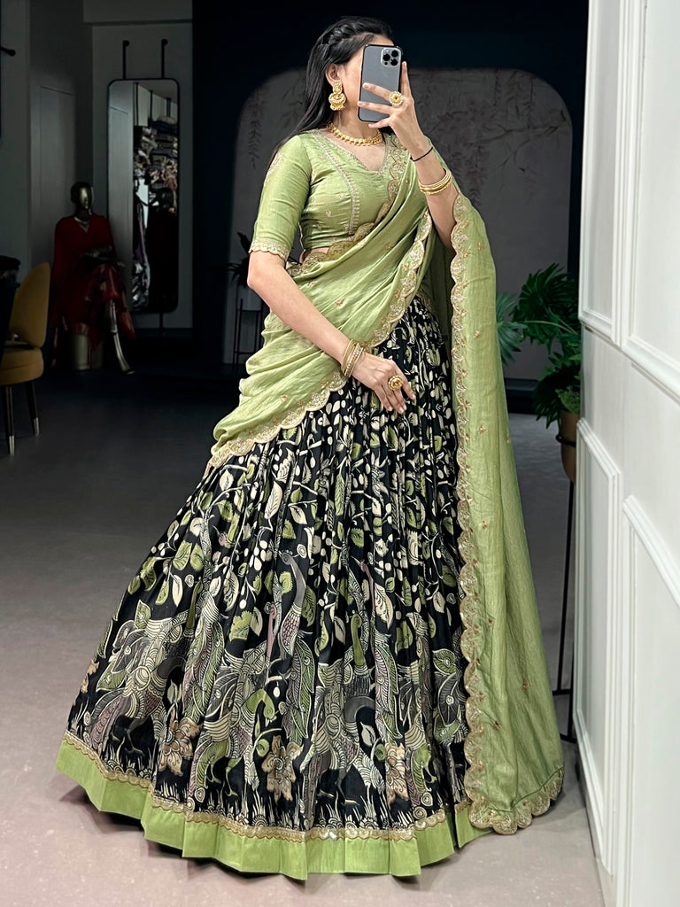 Alluring Black Kalamkari Printed Silk Festive Wear Half Saree Lehenga