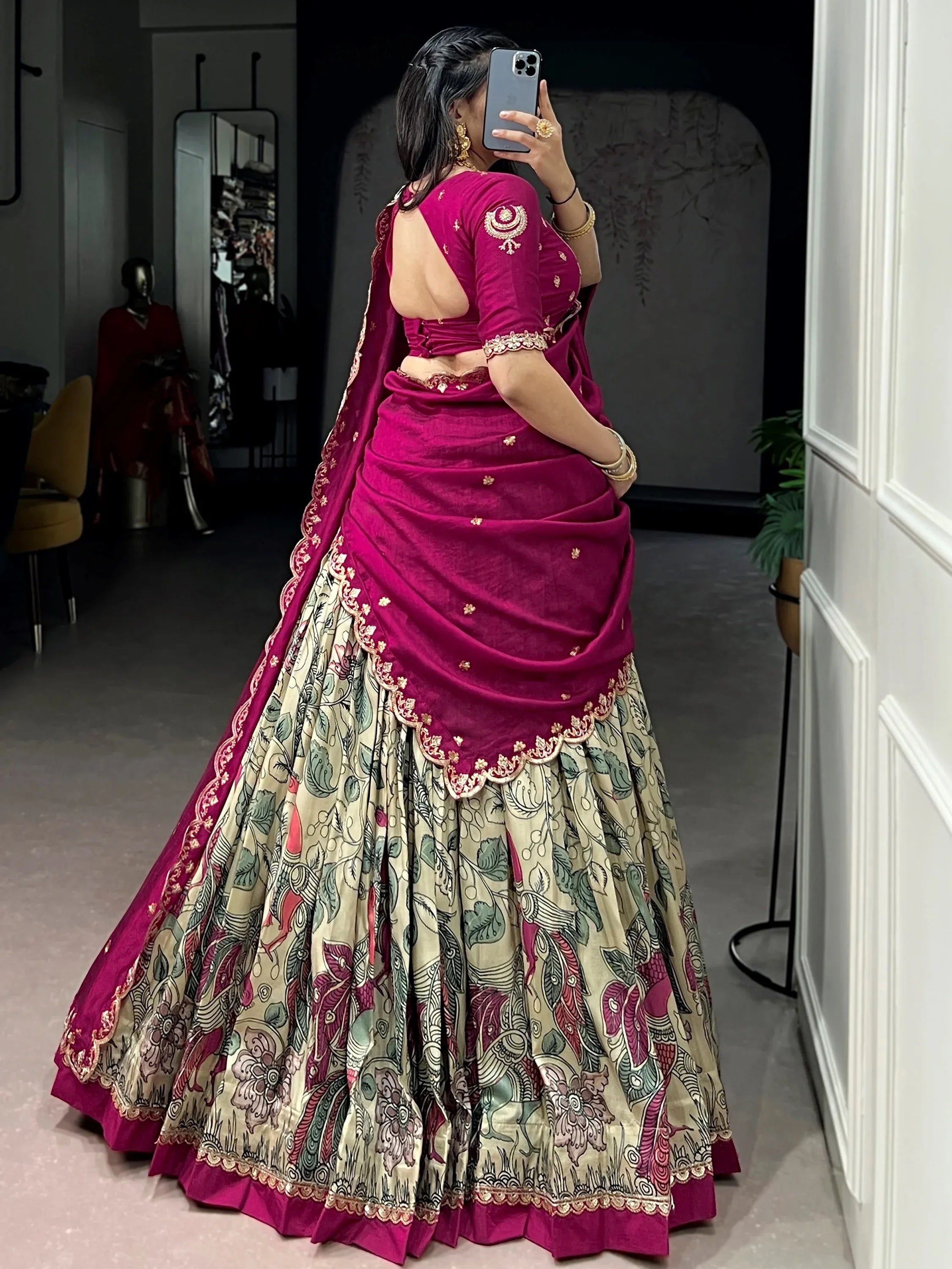 Beautiful Cream Kalamkari Printed Silk Event Wear Half Saree Lehenga