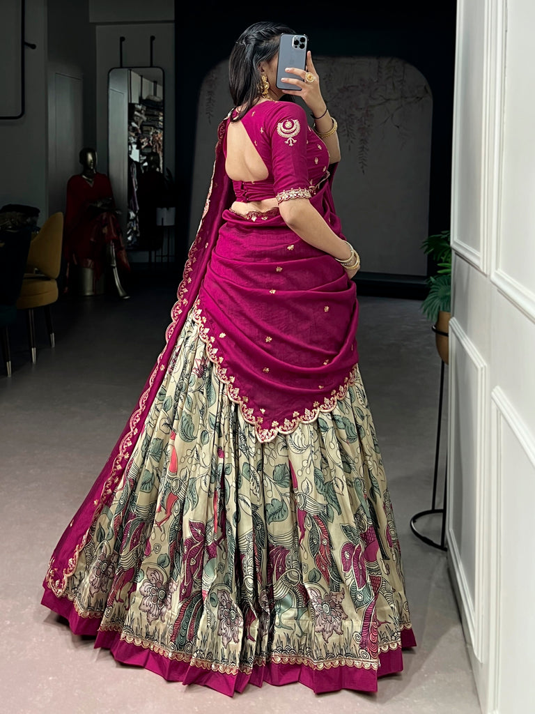 Beautiful Cream Kalamkari Printed Silk Event Wear Half Saree Lehenga