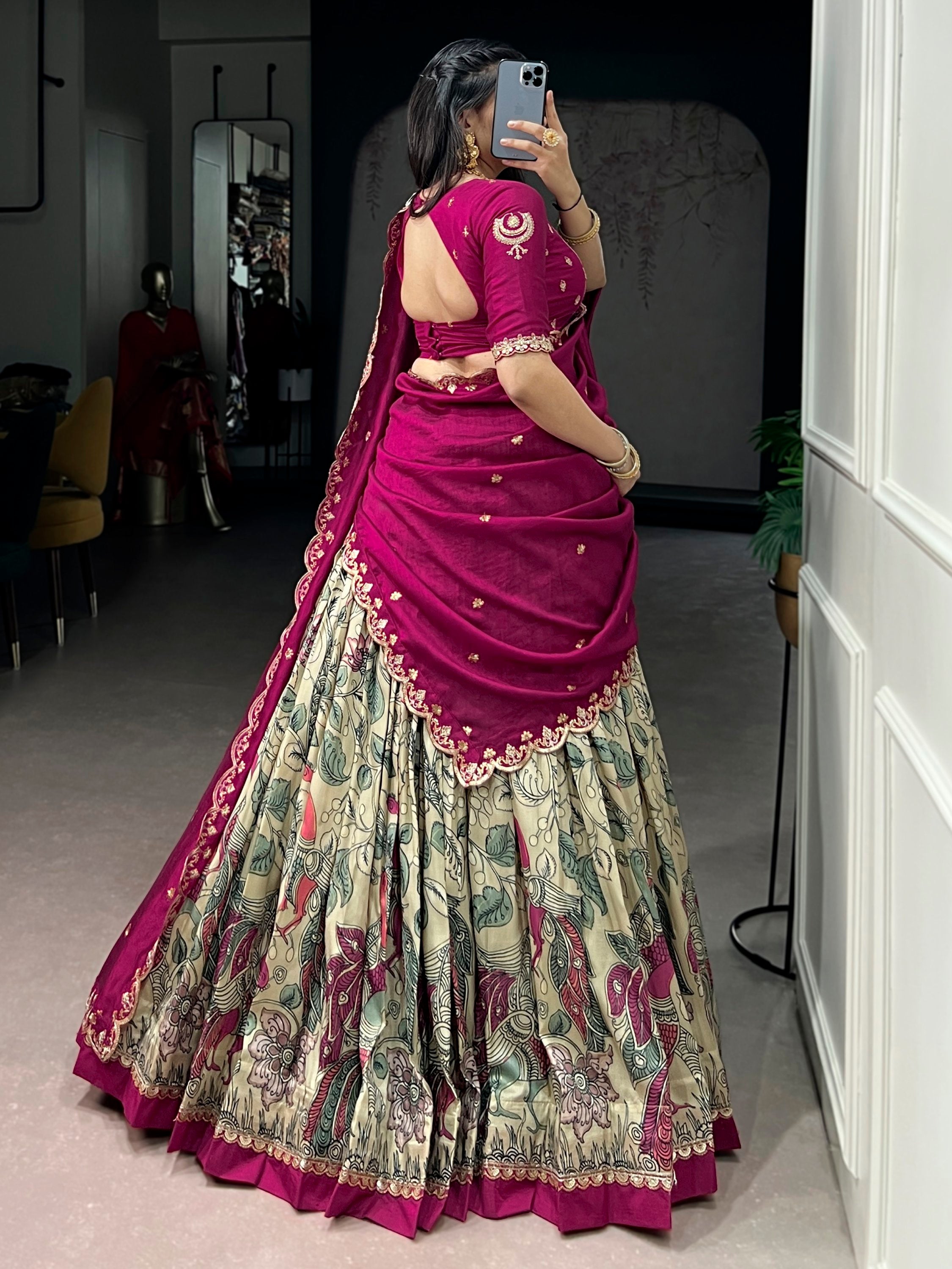 Beautiful Cream Kalamkari Printed Silk Event Wear Half Saree Lehenga