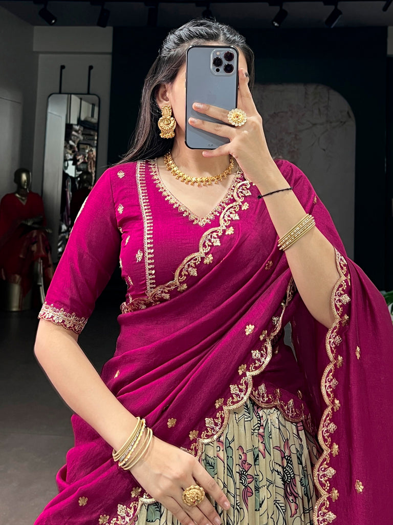 Beautiful Cream Kalamkari Printed Silk Event Wear Half Saree Lehenga