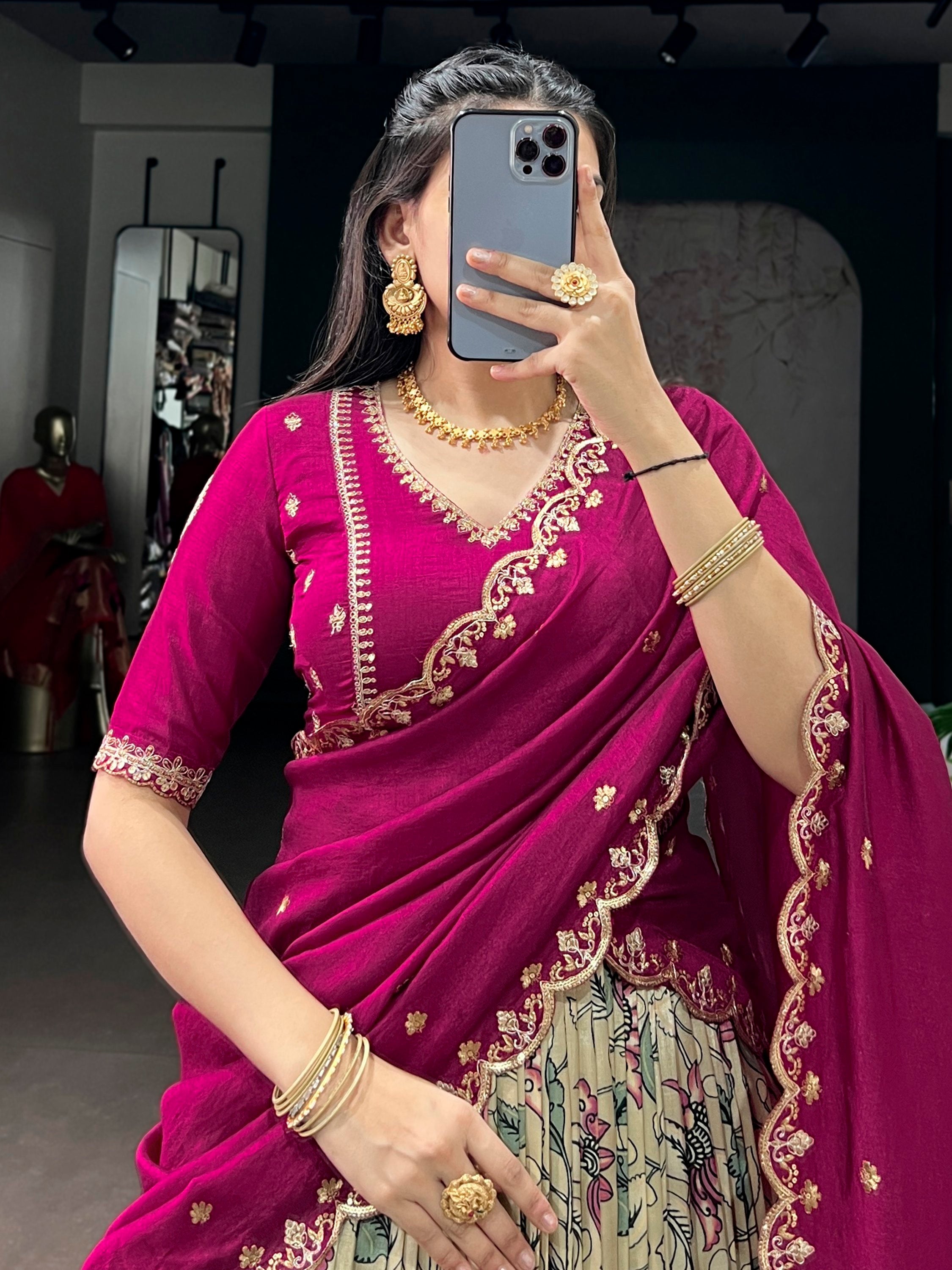 Beautiful Cream Kalamkari Printed Silk Event Wear Half Saree Lehenga