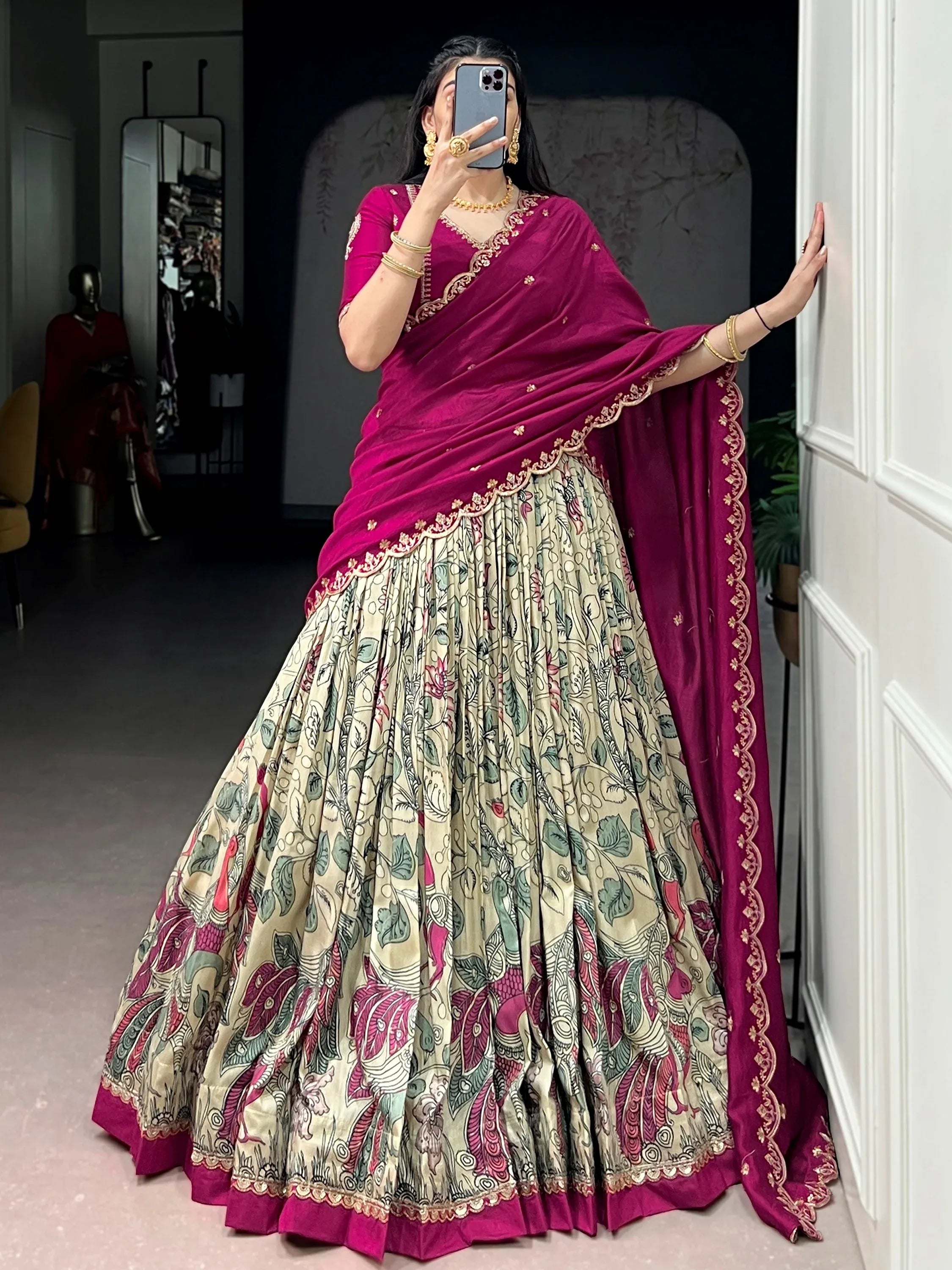 Beautiful Cream Kalamkari Printed Silk Event Wear Half Saree Lehenga