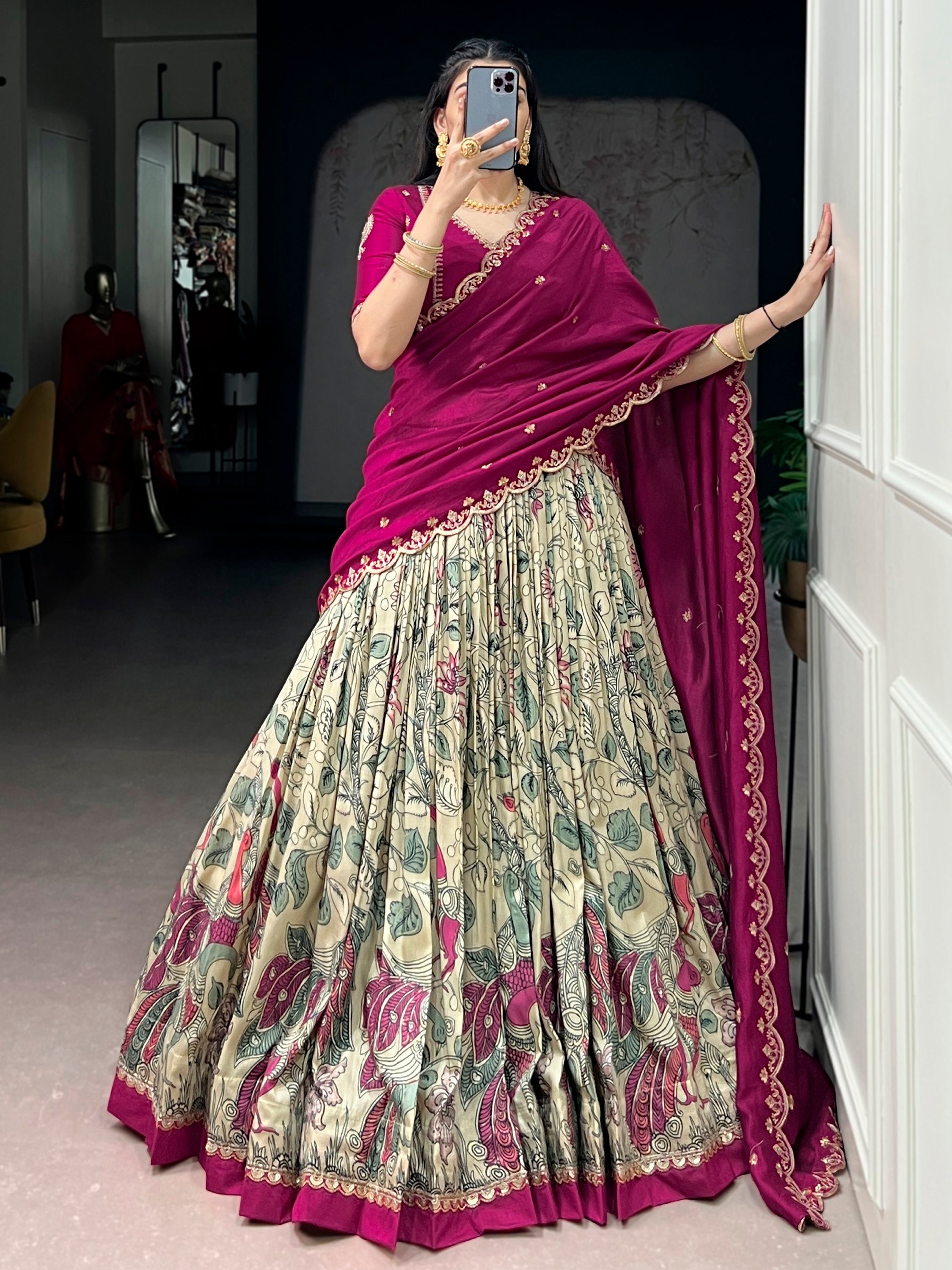 Beautiful Cream Kalamkari Printed Silk Event Wear Half Saree Lehenga