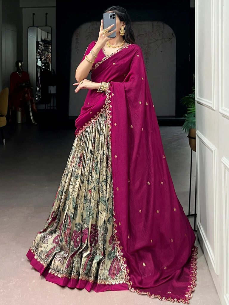 Beautiful Cream Kalamkari Printed Silk Event Wear Half Saree Lehenga