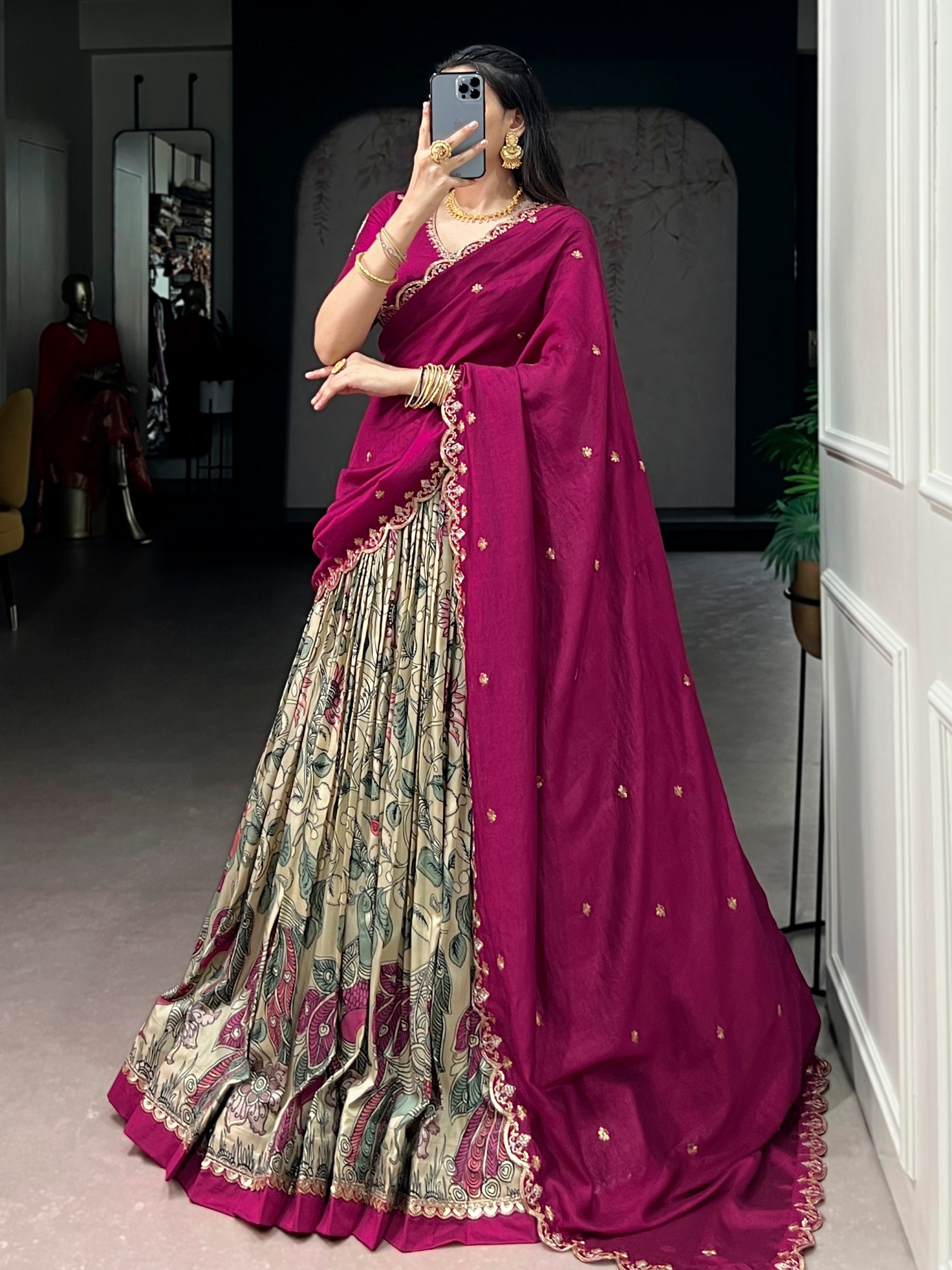 Beautiful Cream Kalamkari Printed Silk Event Wear Half Saree Lehenga