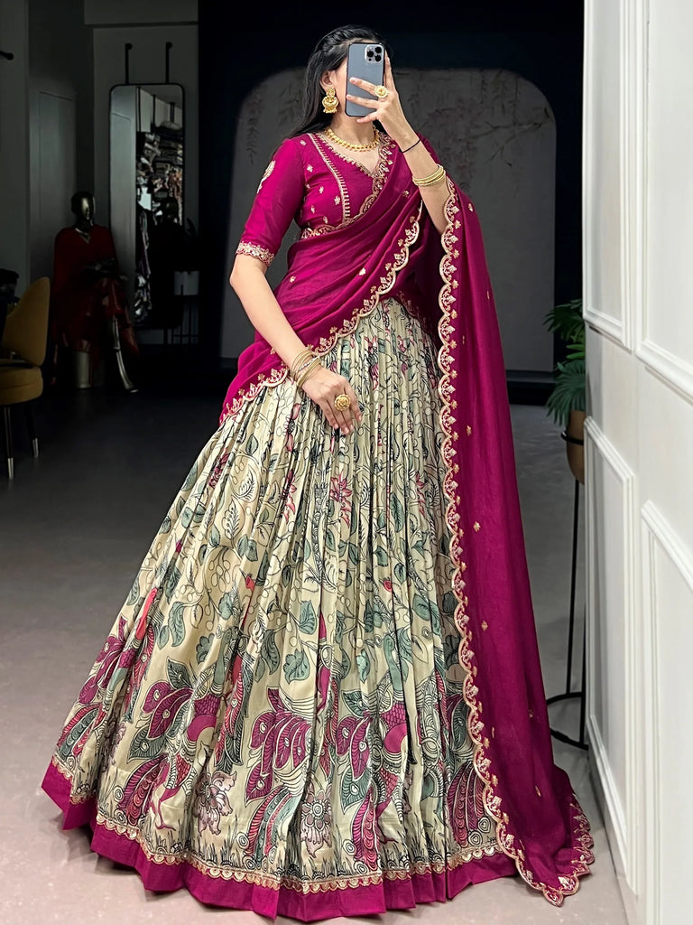 Beautiful Cream Kalamkari Printed Silk Event Wear Half Saree Lehenga
