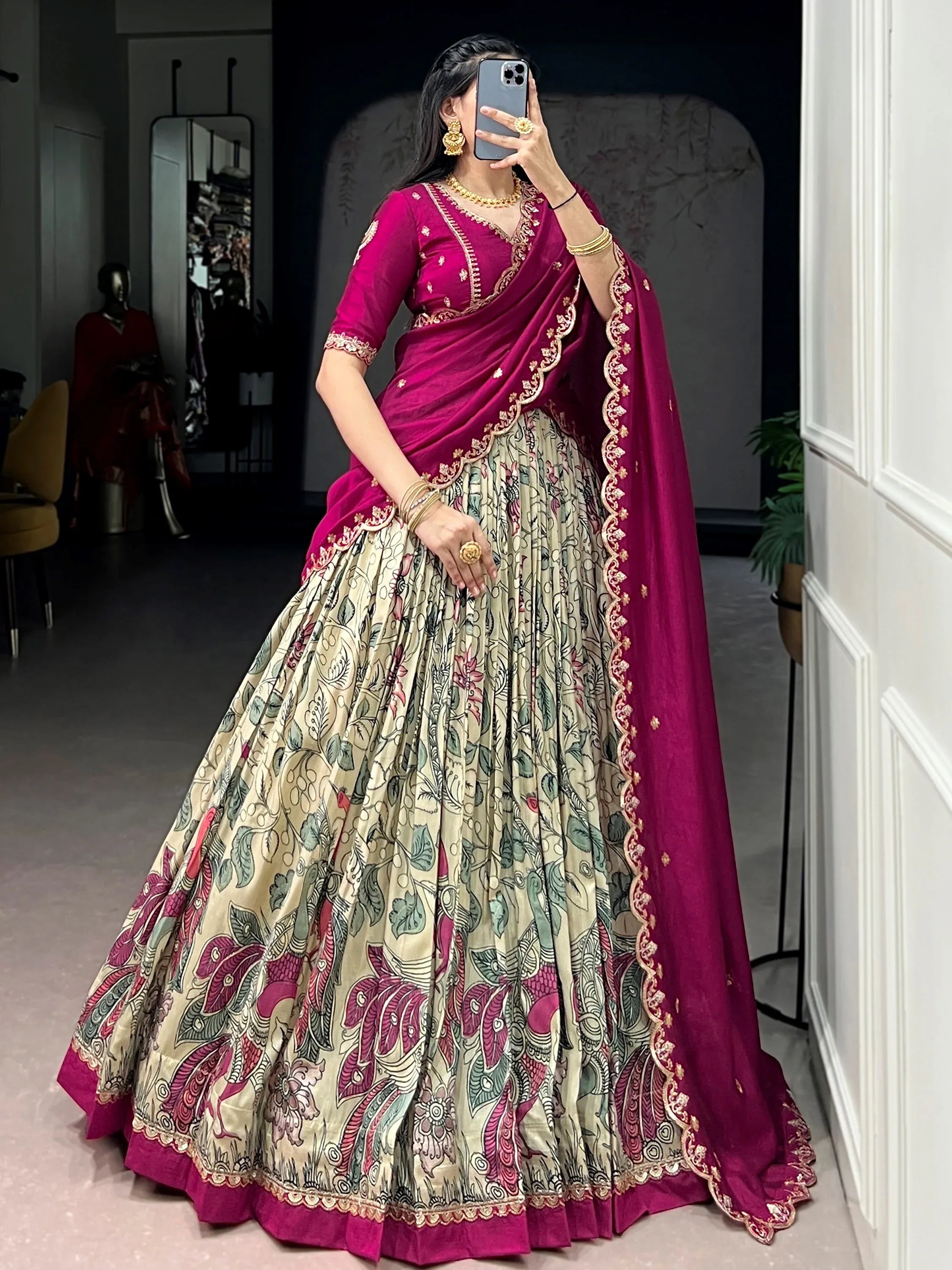 Beautiful Cream Kalamkari Printed Silk Event Wear Half Saree Lehenga