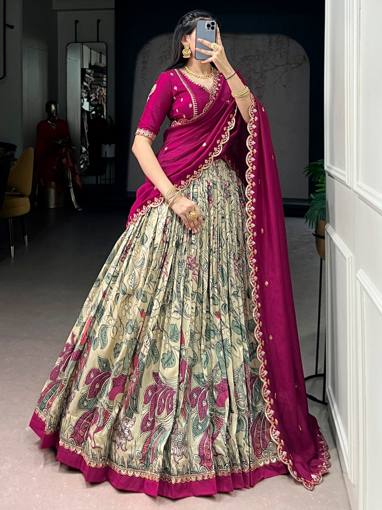 Beautiful Cream Kalamkari Printed Silk Event Wear Half Saree Lehenga
