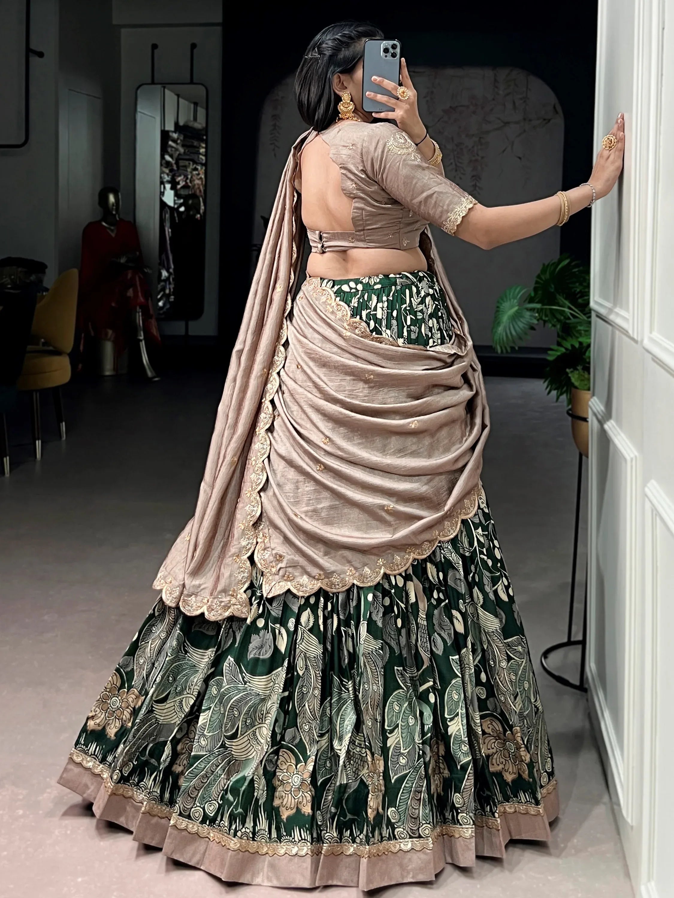 Wonderful Green Kalamkari Printed Silk Mehendi Wear Half Saree Lehenga