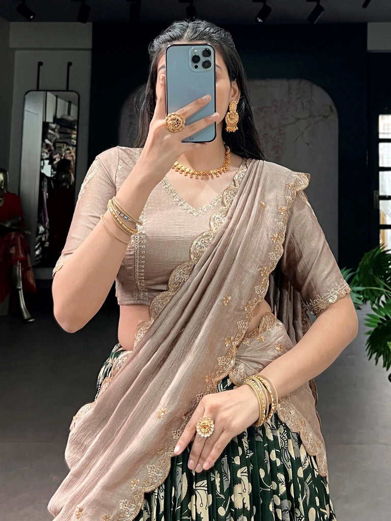 Wonderful Green Kalamkari Printed Silk Mehendi Wear Half Saree Lehenga