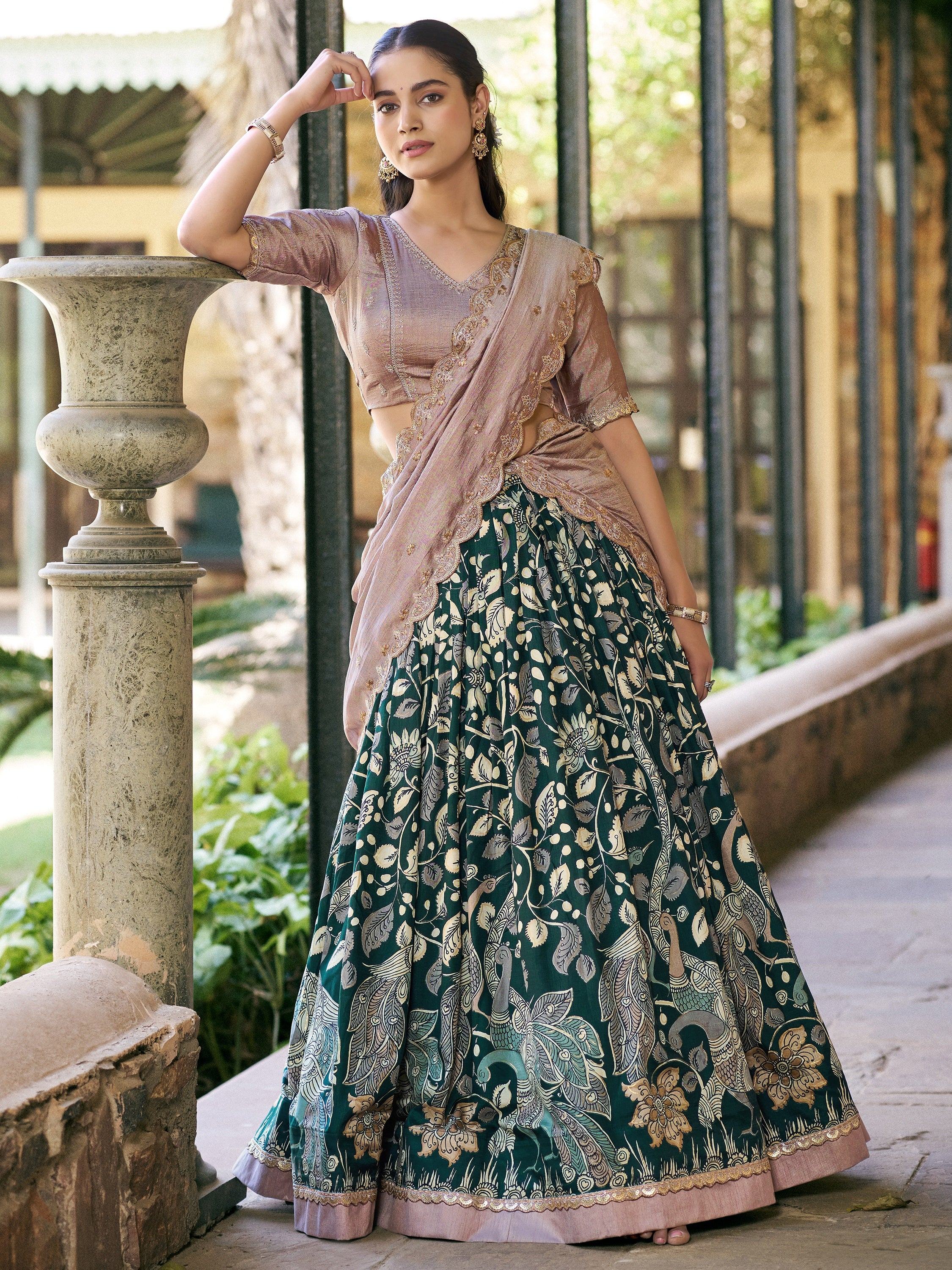 Magnetic Green Kalamkari Print Silk Traditional Half Saree Lehenga