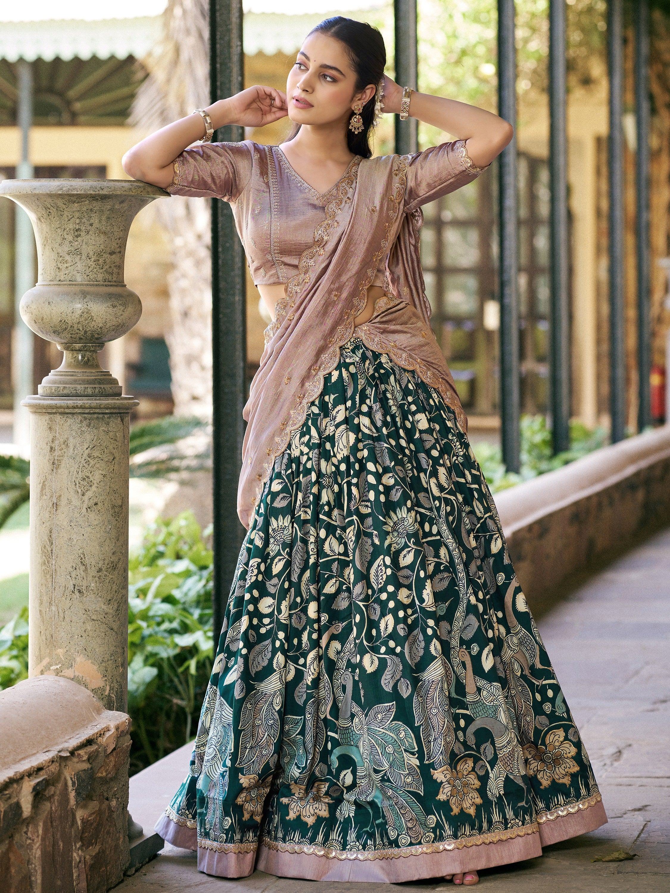 Magnetic Green Kalamkari Print Silk Traditional Half Saree Lehenga
