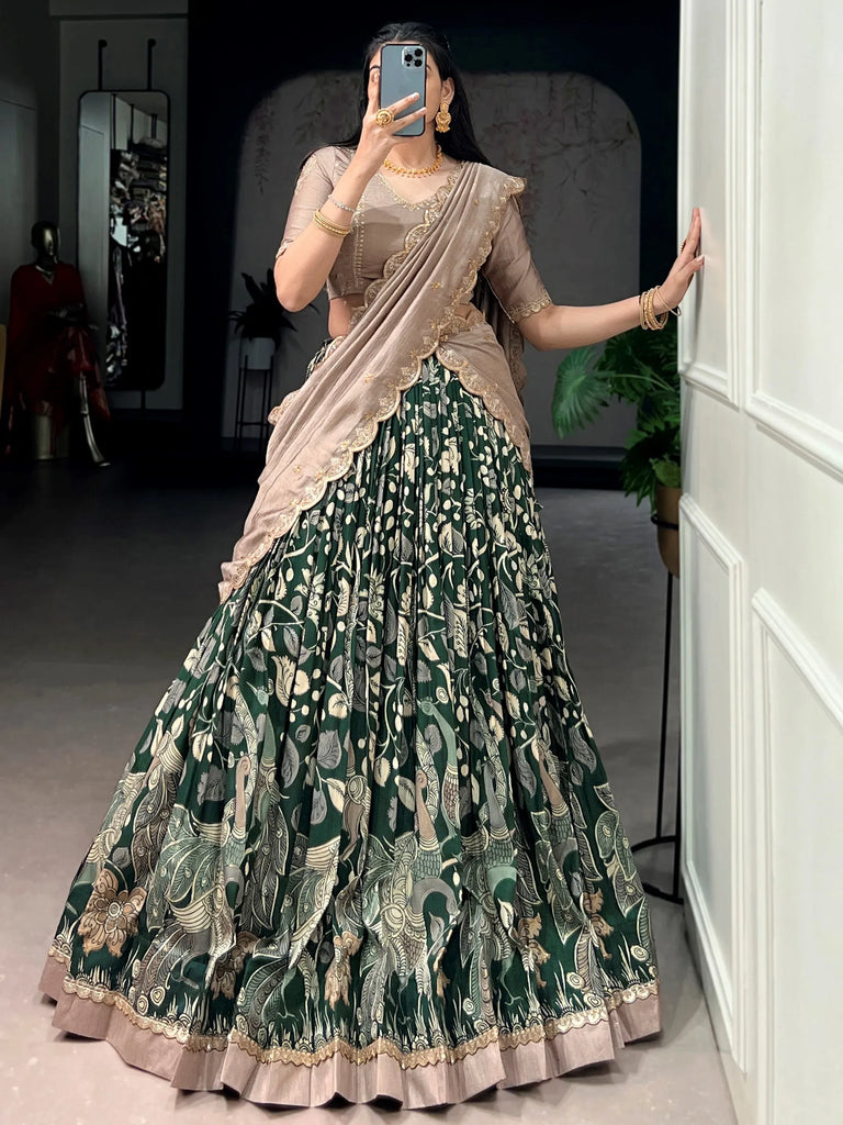 Wonderful Green Kalamkari Printed Silk Mehendi Wear Half Saree Lehenga