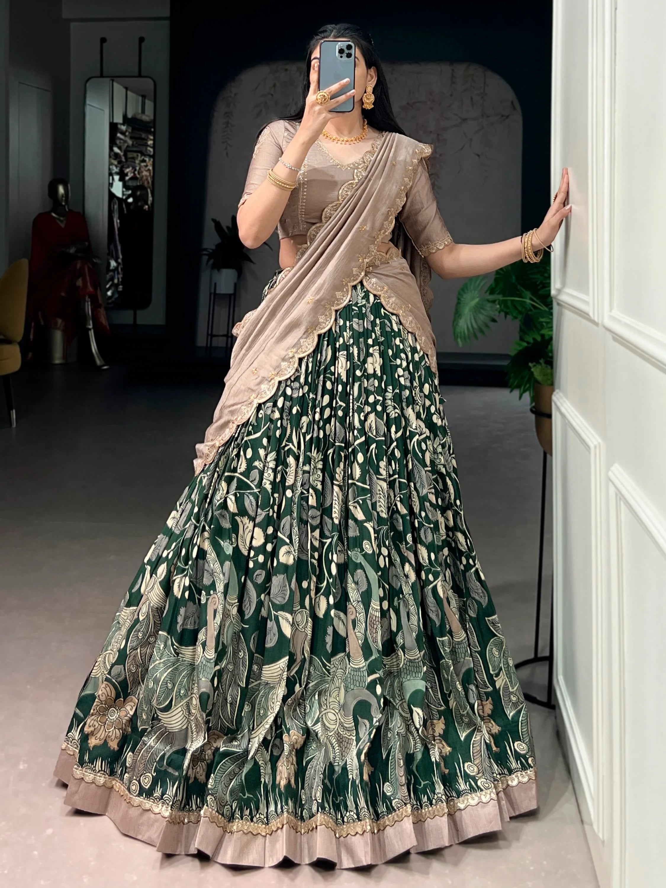 Wonderful Green Kalamkari Printed Silk Mehendi Wear Half Saree Lehenga