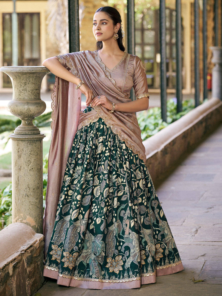 Magnetic Green Kalamkari Print Silk Traditional Half Saree Lehenga