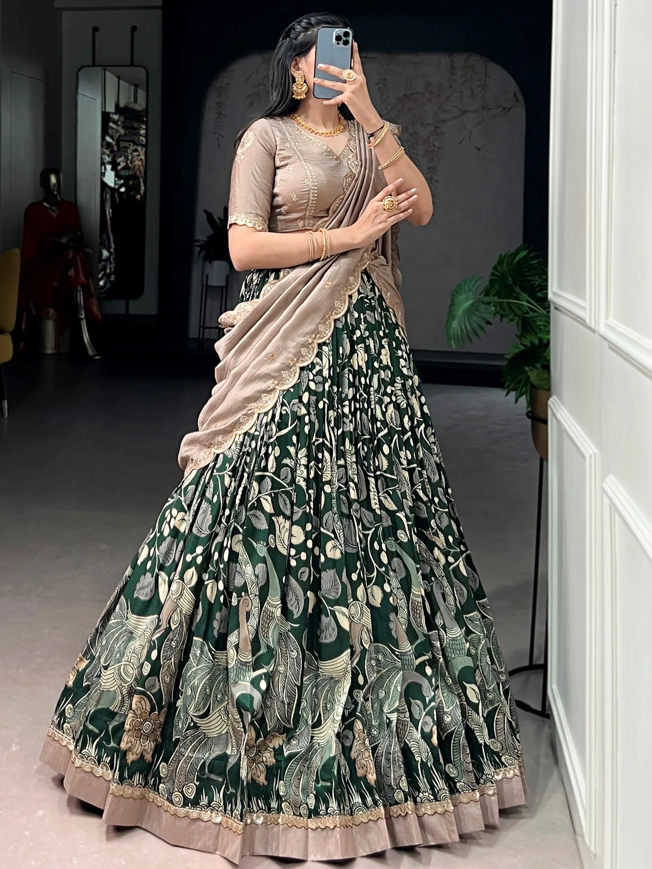 Wonderful Green Kalamkari Printed Silk Mehendi Wear Half Saree Lehenga