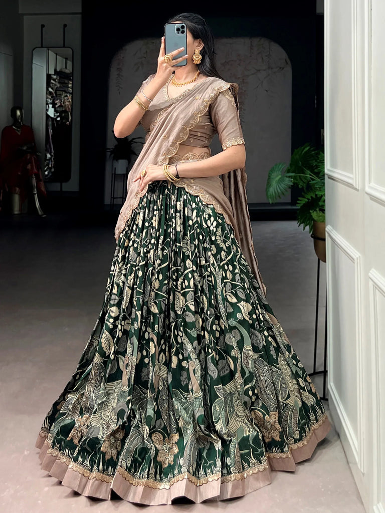 Wonderful Green Kalamkari Printed Silk Mehendi Wear Half Saree Lehenga
