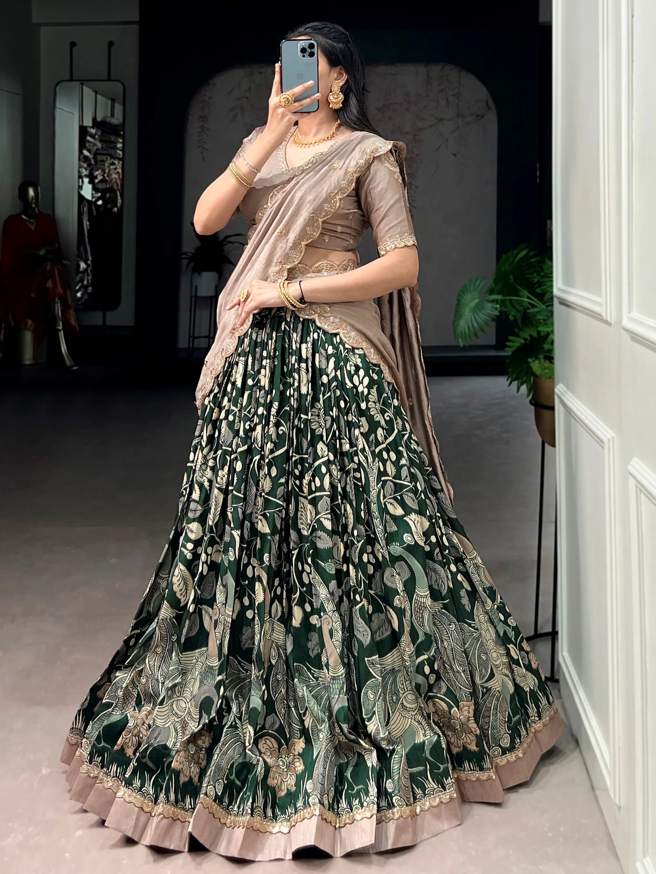 Wonderful Green Kalamkari Printed Silk Mehendi Wear Half Saree Lehenga