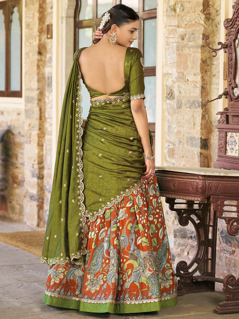 Rich Rust Orange Kalamkari Print Silk Marriage Wear Half Saree Lehenga