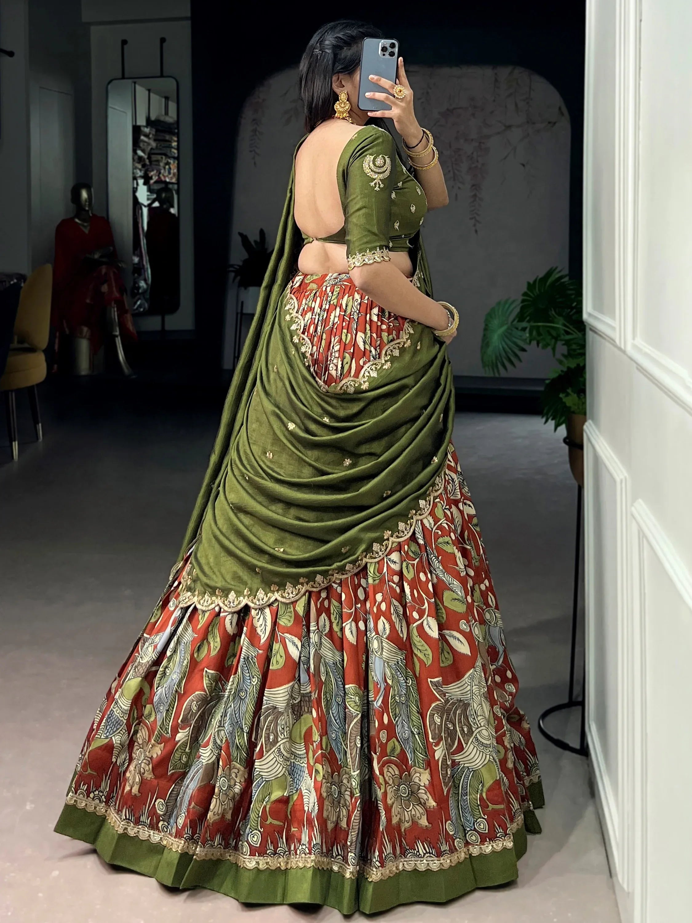 Dazzling Rust Orange Kalamkari Printed Silk Half Saree Lehenga